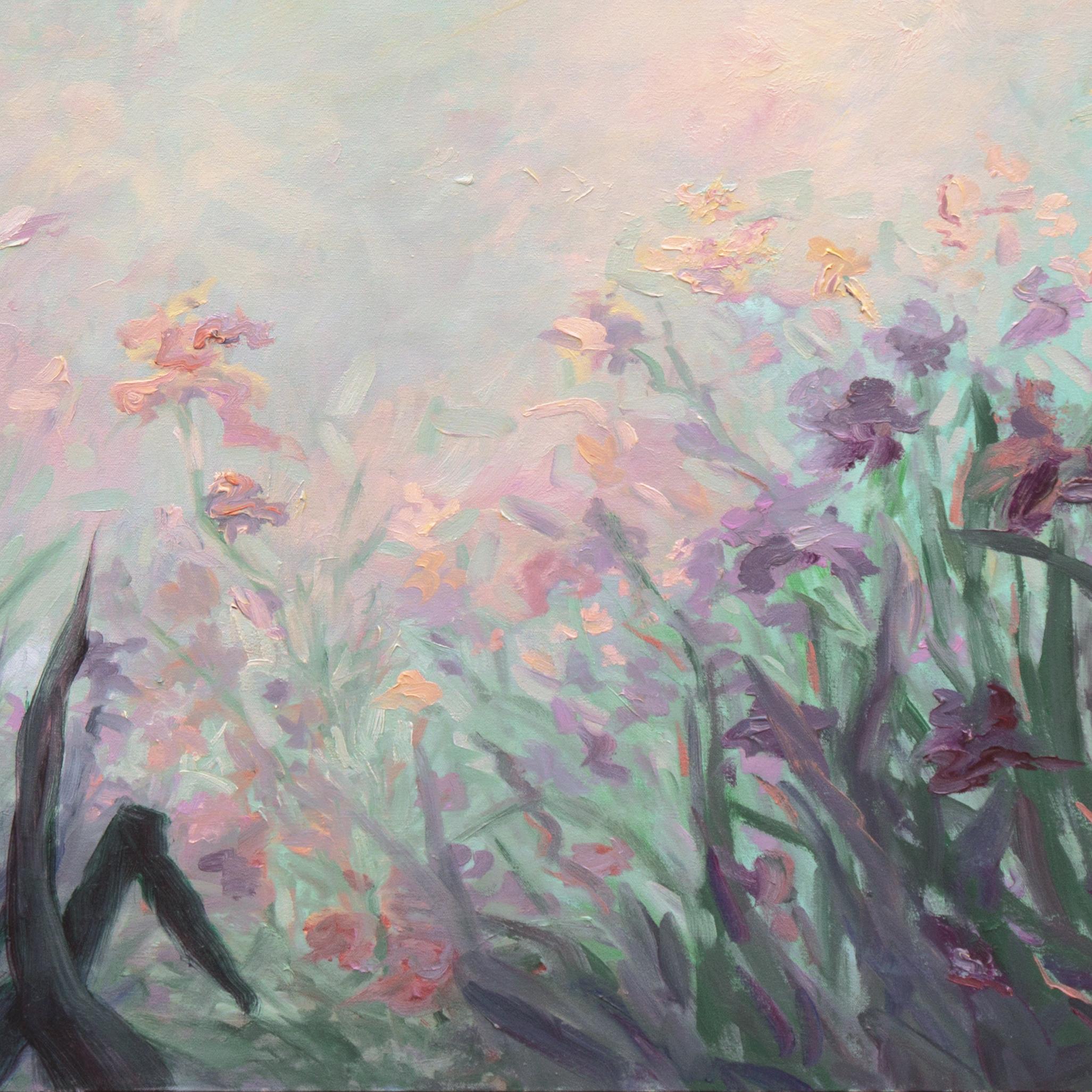  A substantial, Impressionist botanical oil showing a bevy of purple and yellow irises swaying in an evening breeze and silhouetted against a sunset sky. Signed lower right, 'J. C. Baker' (American, 20th century) and dated 1994.