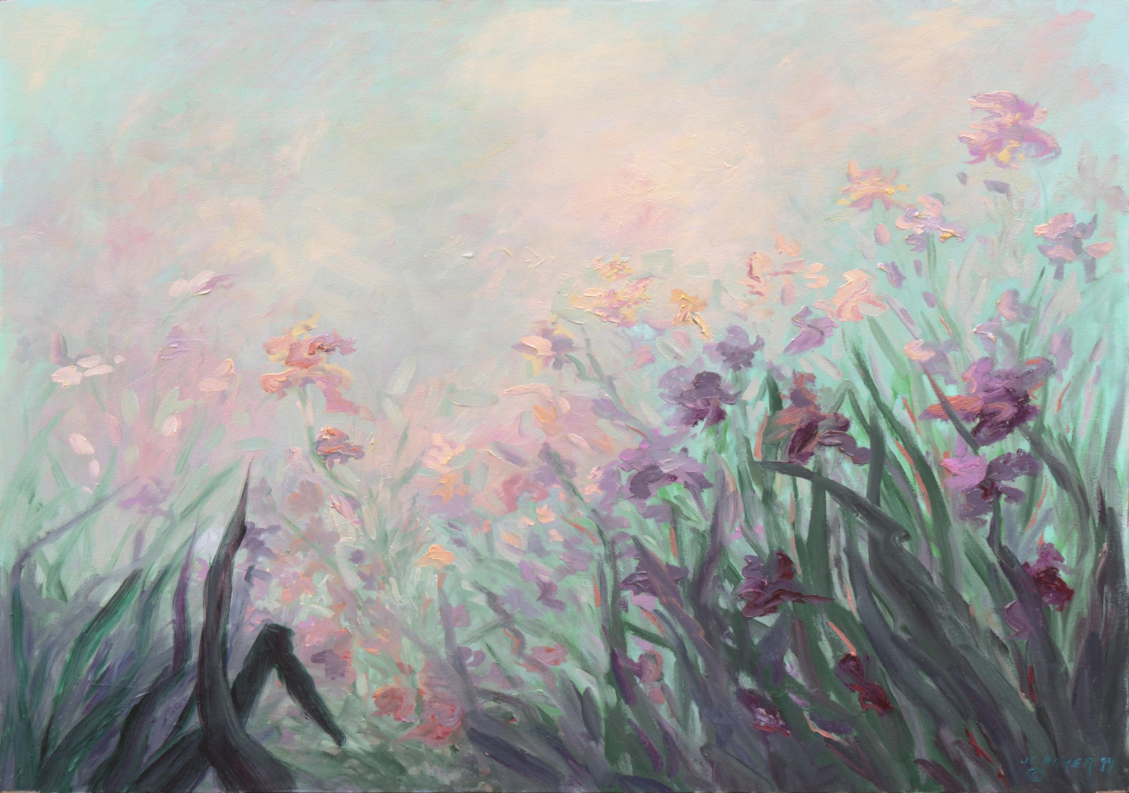 J. C. Baker Landscape Painting - 'Irises in a Sunset Breeze', Large Impressionist Botanical Oil, American School