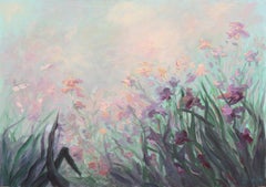 „Irises in a Sunset Breeze“, großes impressionistisches botanisches Ölgemälde, Amerikanische Schule