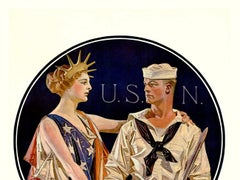 Original America Calls Enlist in the Navy, U. S. N. vintage WW1 poster  linen