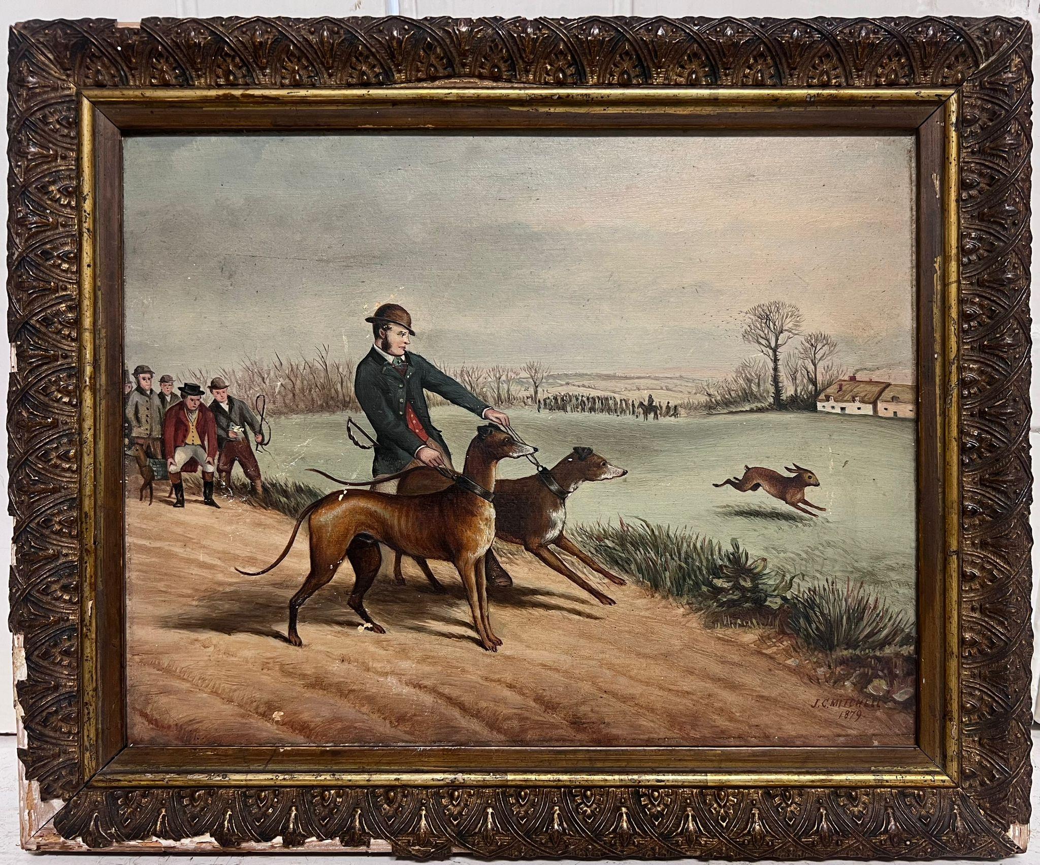 Peinture à l'huile d'art sportif britannique des années 1870, lièvre en train de courir avec des chiens, signée et datée - Painting de J. C Mitchell