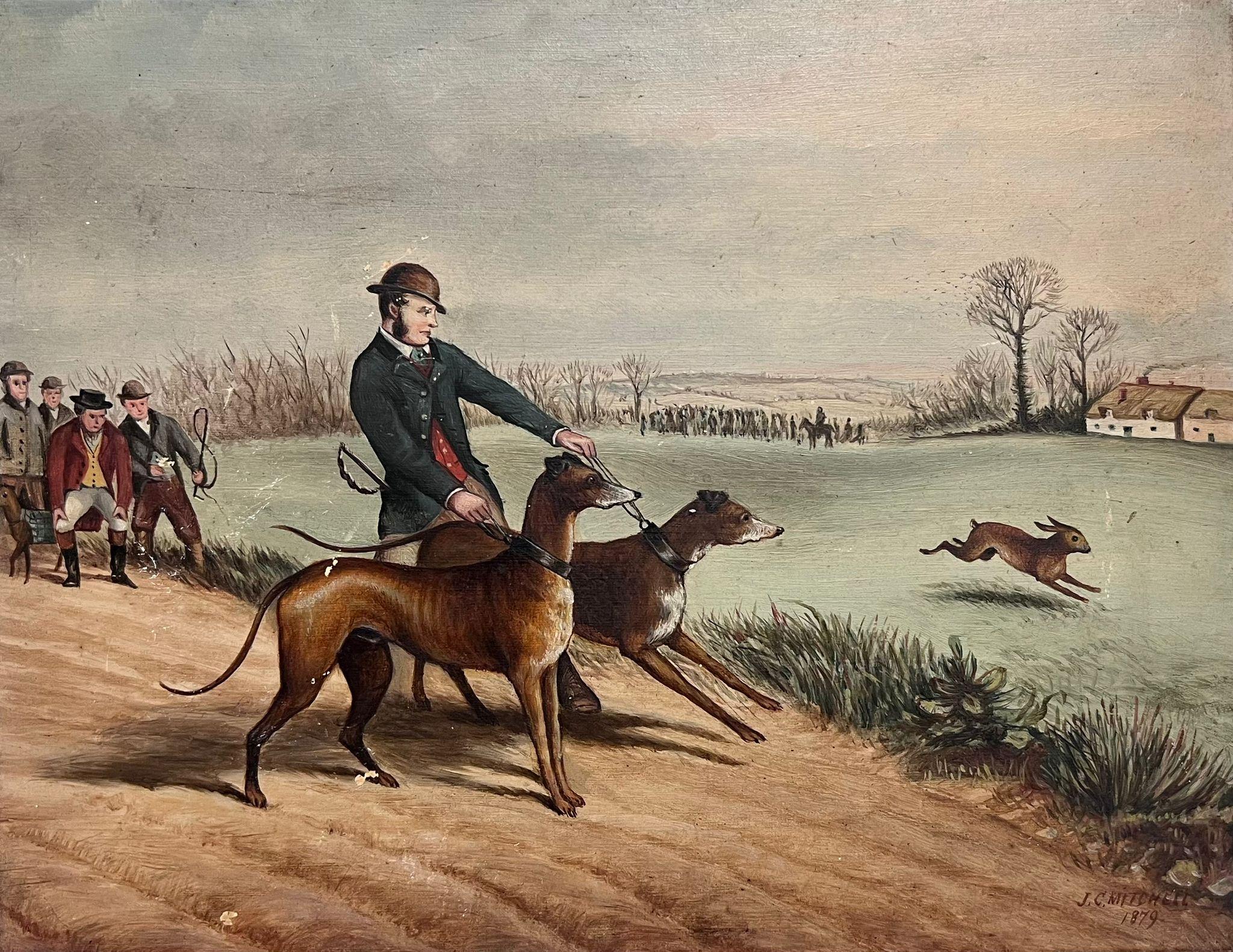 J. C Mitchell Figurative Painting - 1870's British Sporting Art Oil Painting Hare Coursing with Dogs, signed dated