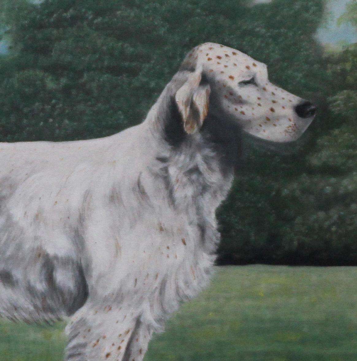 A fine large full-length portrait of an English Setter stud in a landscape.  Painted by J C Wilson in 1921, this oil gouache oil on canvas is a beautiful depiction of the breed.  The dog's name is Glaisnock Jim. He was born in 1913 and his parents