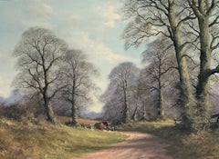 Travelers & Horse Caravan on Rural Track Through Woodland British Oil Painting