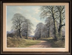 Travelers & Horse Caravan on Rural Track Through Woodland British Oil Painting