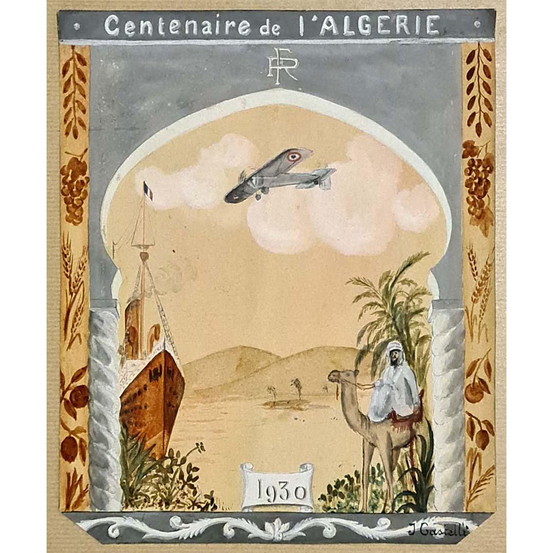 Watercolor

In 1930, the gifted artist J. Castelli crafted a remarkable aquarelle to commemorate the Centenaire de l'Algérie, marking one hundred years of Algeria's historical and cultural significance. This watercolor painting stands as a testament