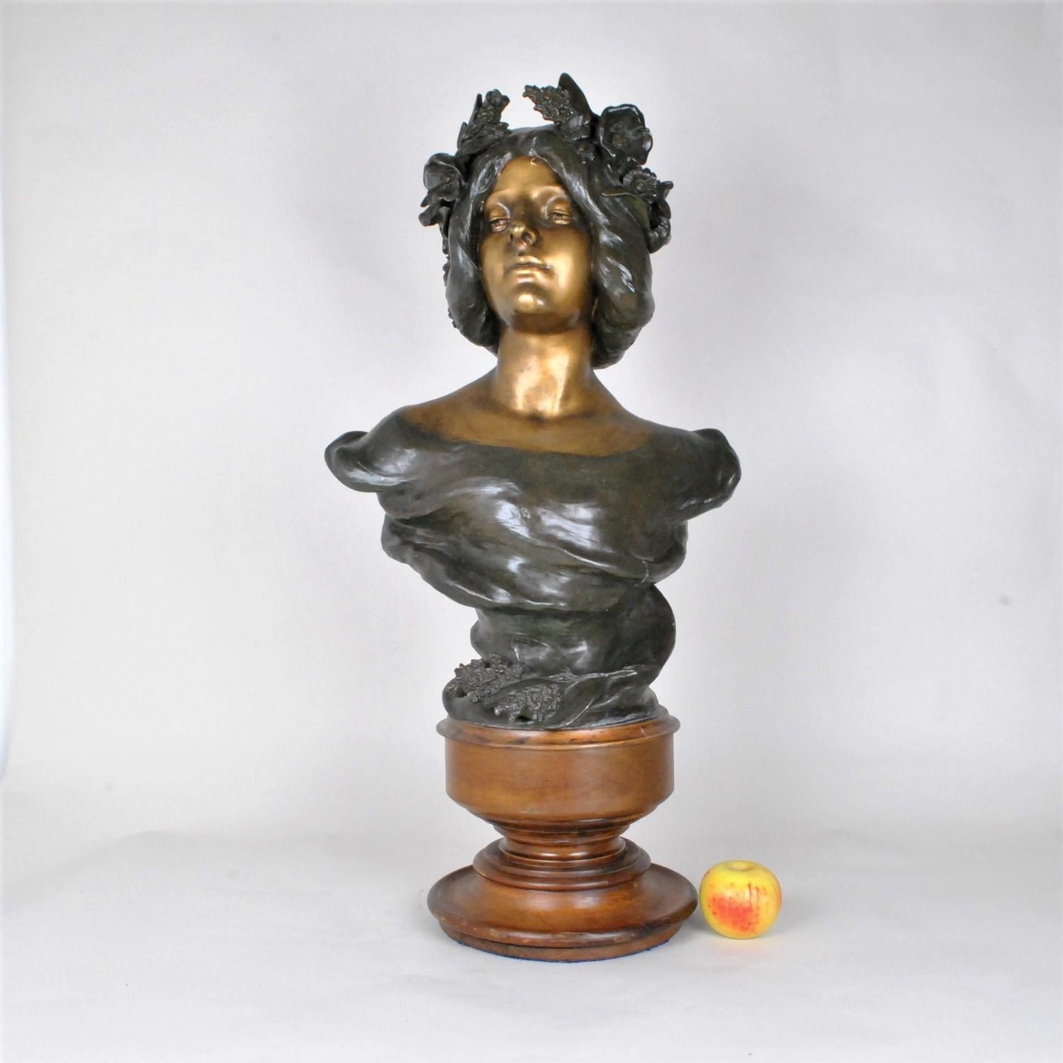 French J Caussé, Bust of Woman, Signed Bronze, Art Nouveau, Late Nineteenth Century