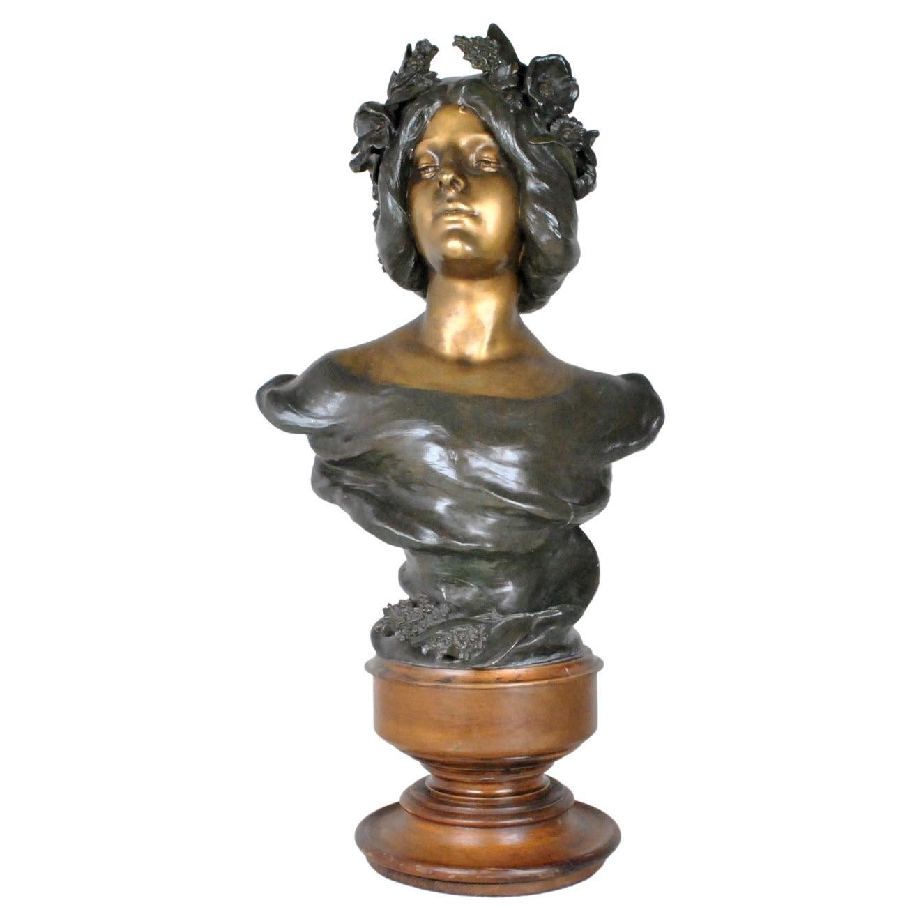 J Caussé, Bust of Woman, Signed Bronze, Art Nouveau, Late Nineteenth Century