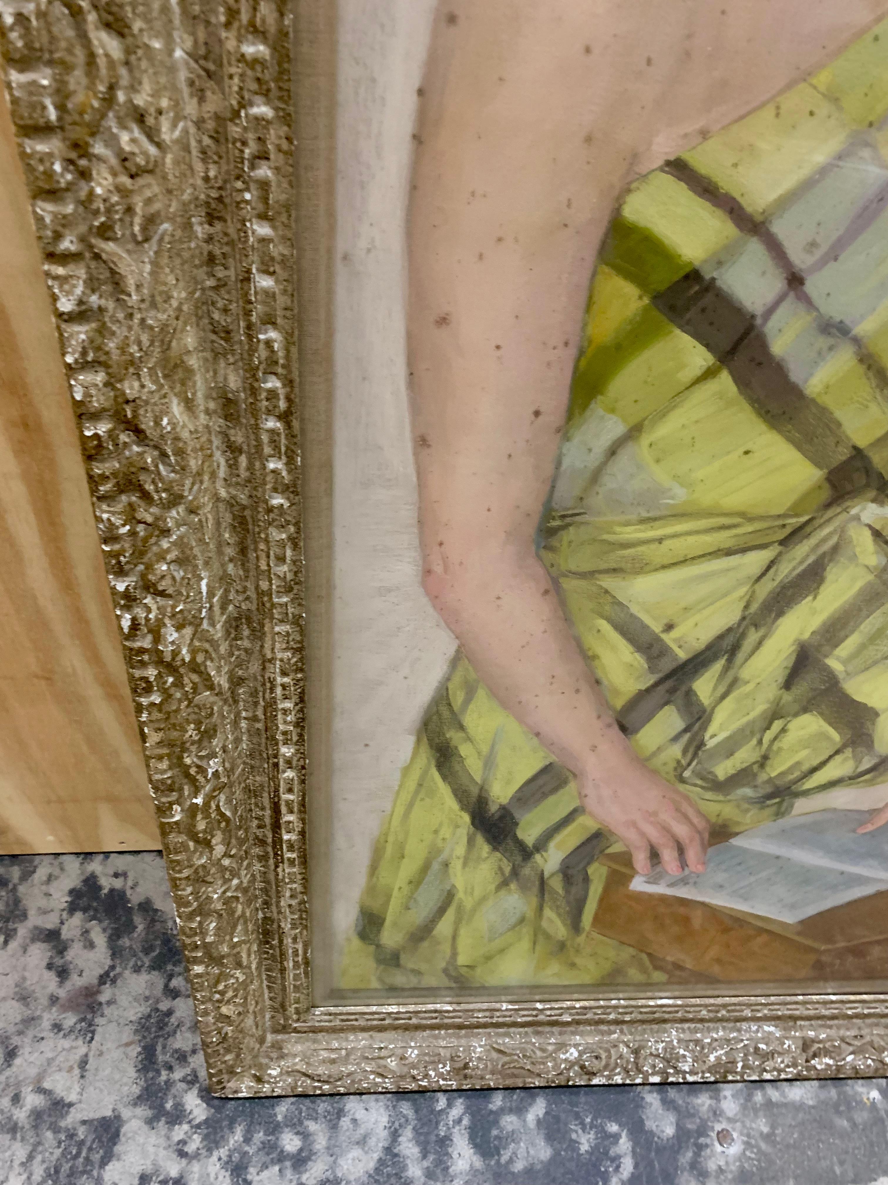J. Cermaise Pastel Portrait of a Lady in Yellow and Green Checkered Dress 1936 For Sale 5