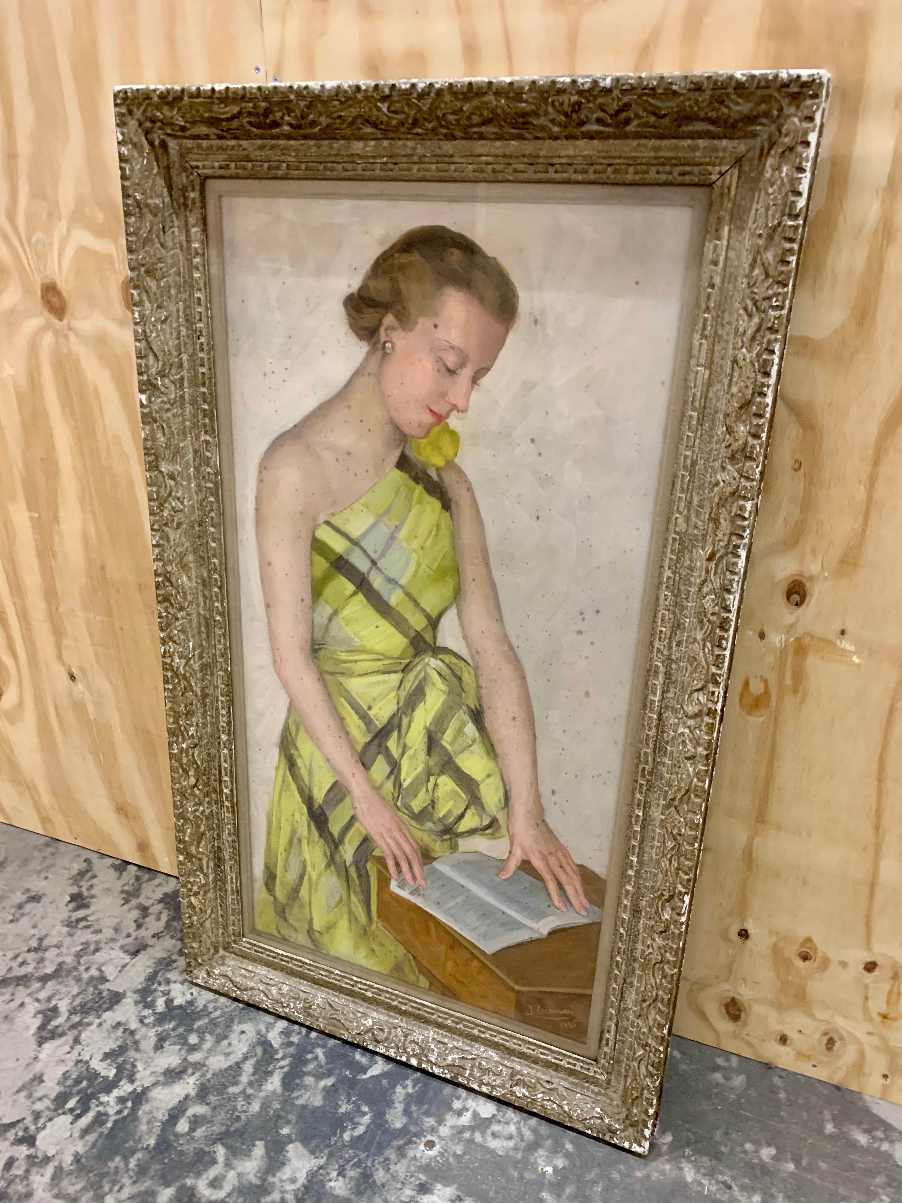 Extremely decorative pastel portrait from 1936 by J. Cermaise of a very chic lady wearing a yellow and green checkered dress. The magnificent nobel portrait has some patina in the form of 