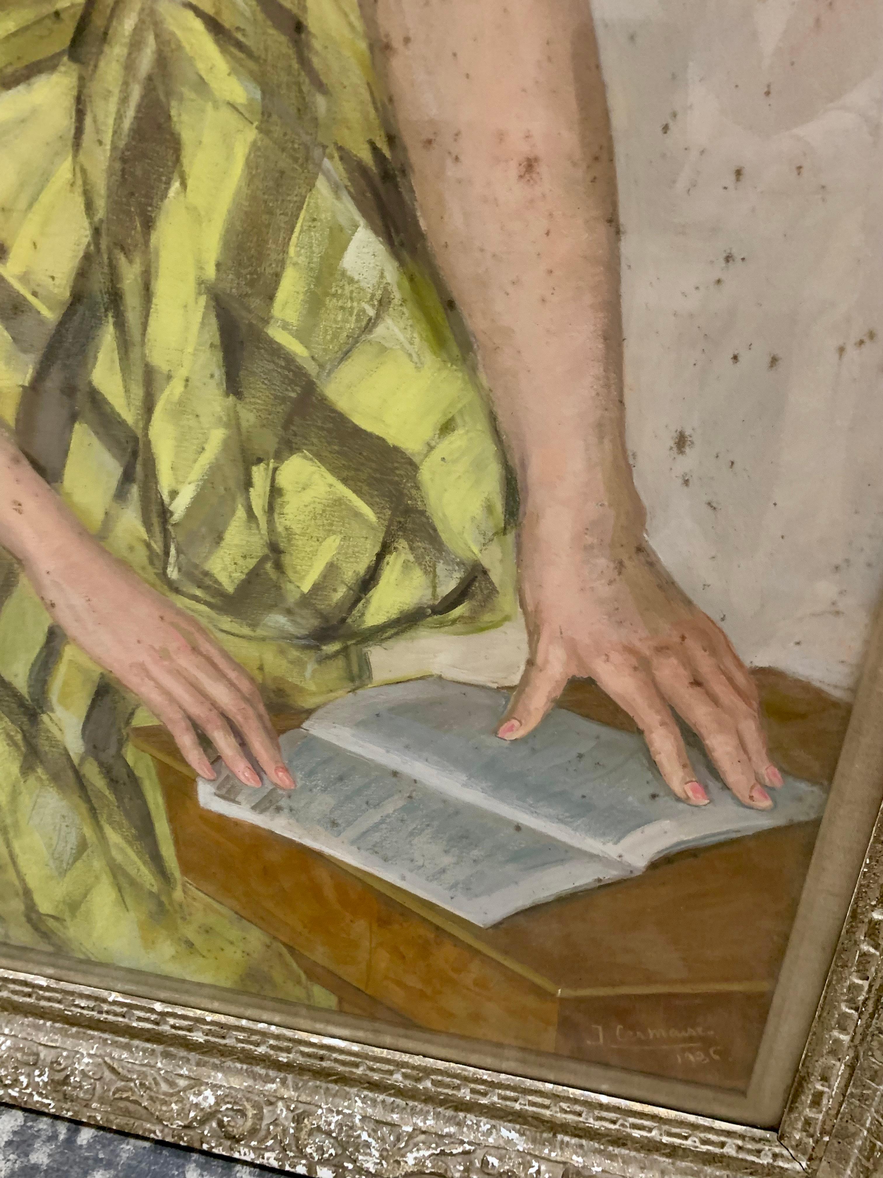 J. Cermaise Pastel Portrait of a Lady in Yellow and Green Checkered Dress 1936 In Good Condition For Sale In Hellerup, DK