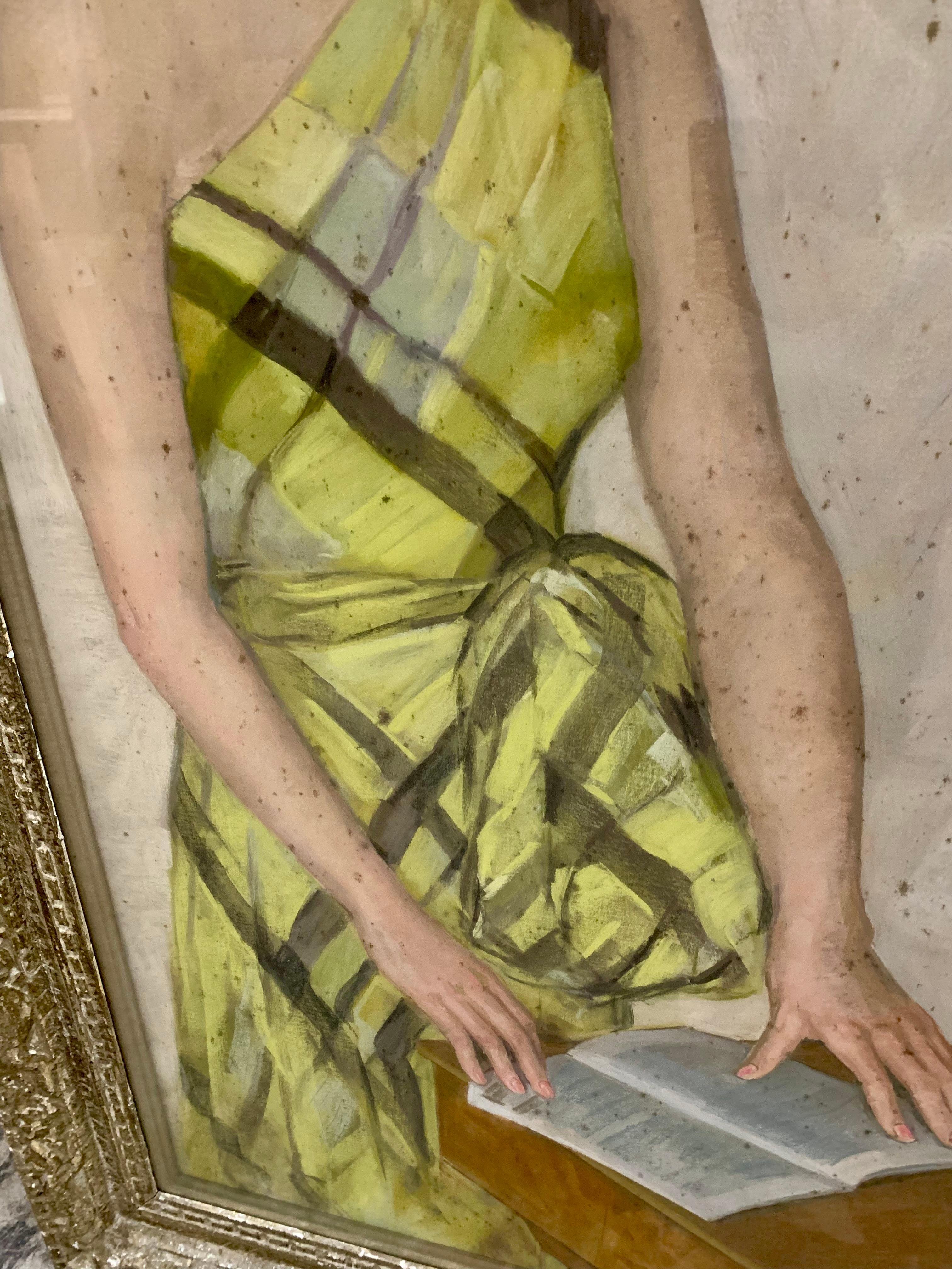 Mid-20th Century J. Cermaise Pastel Portrait of a Lady in Yellow and Green Checkered Dress 1936 For Sale