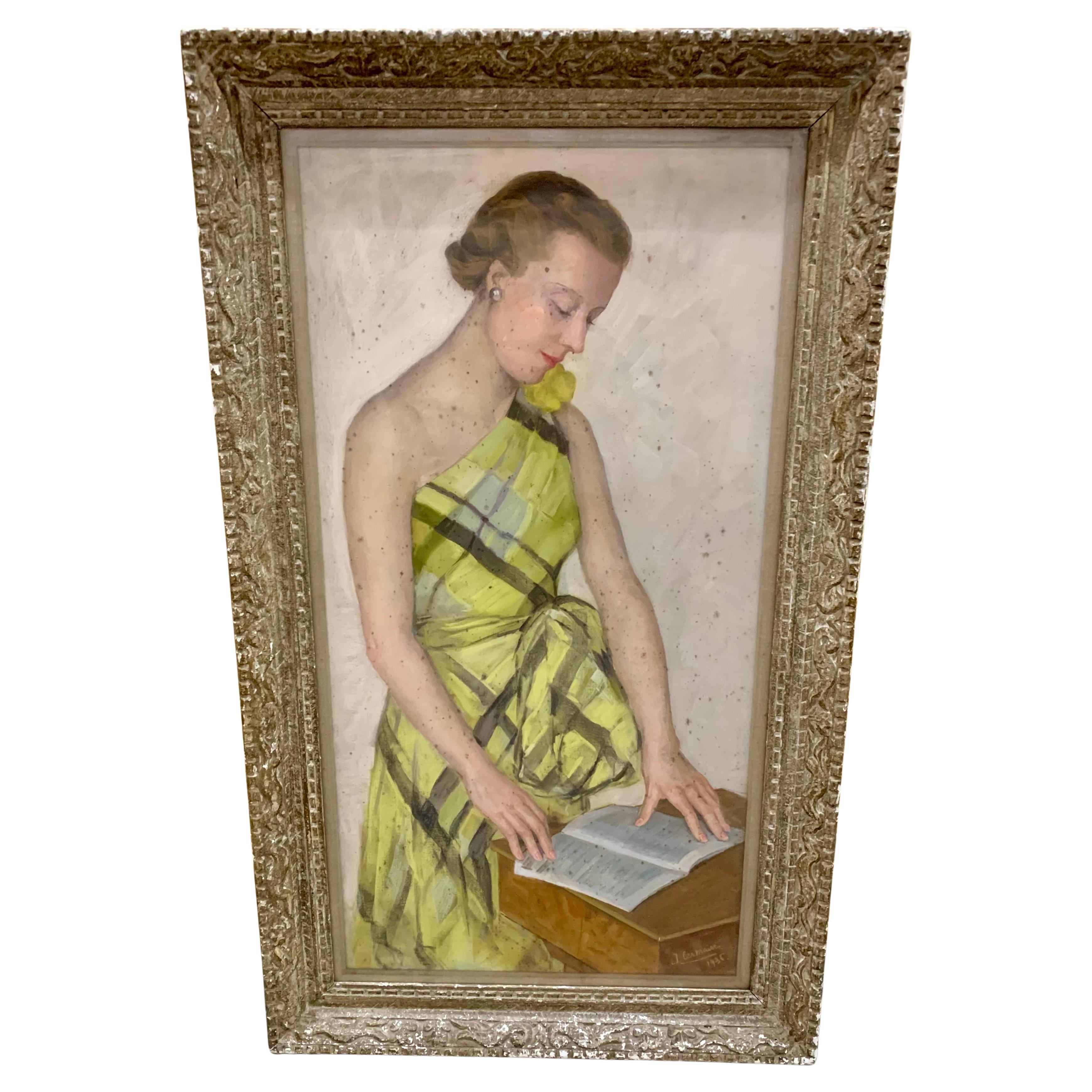 J. Cermaise Pastel Portrait of a Lady in Yellow and Green Checkered Dress 1936