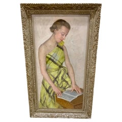 J. Cermaise Pastel Portrait of a Lady in Yellow and Green Checkered Dress 1936