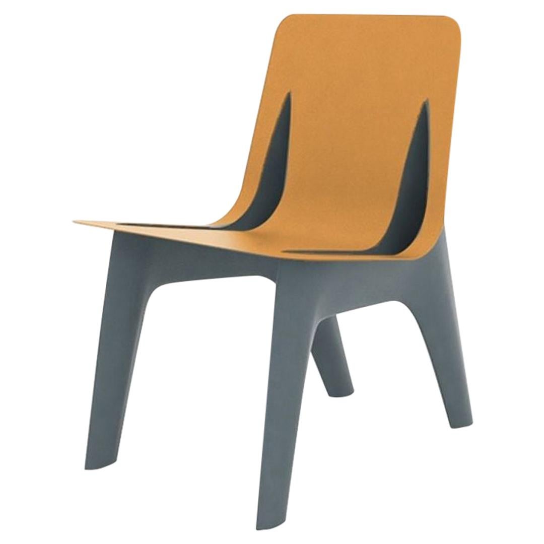 Chaise J-Chair de salle à manger en acier au carbone poli de couleur gris-bleu et siège en cuir, Zieta
