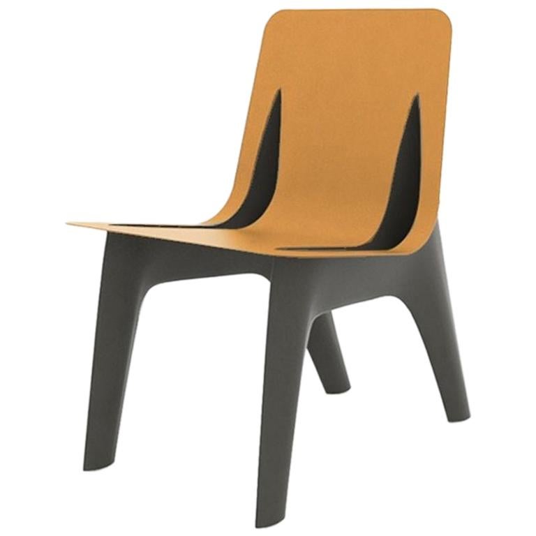 J-Chair Dining Polished Umbra Grey Color Carbon Steel and Leather Seating, Zieta