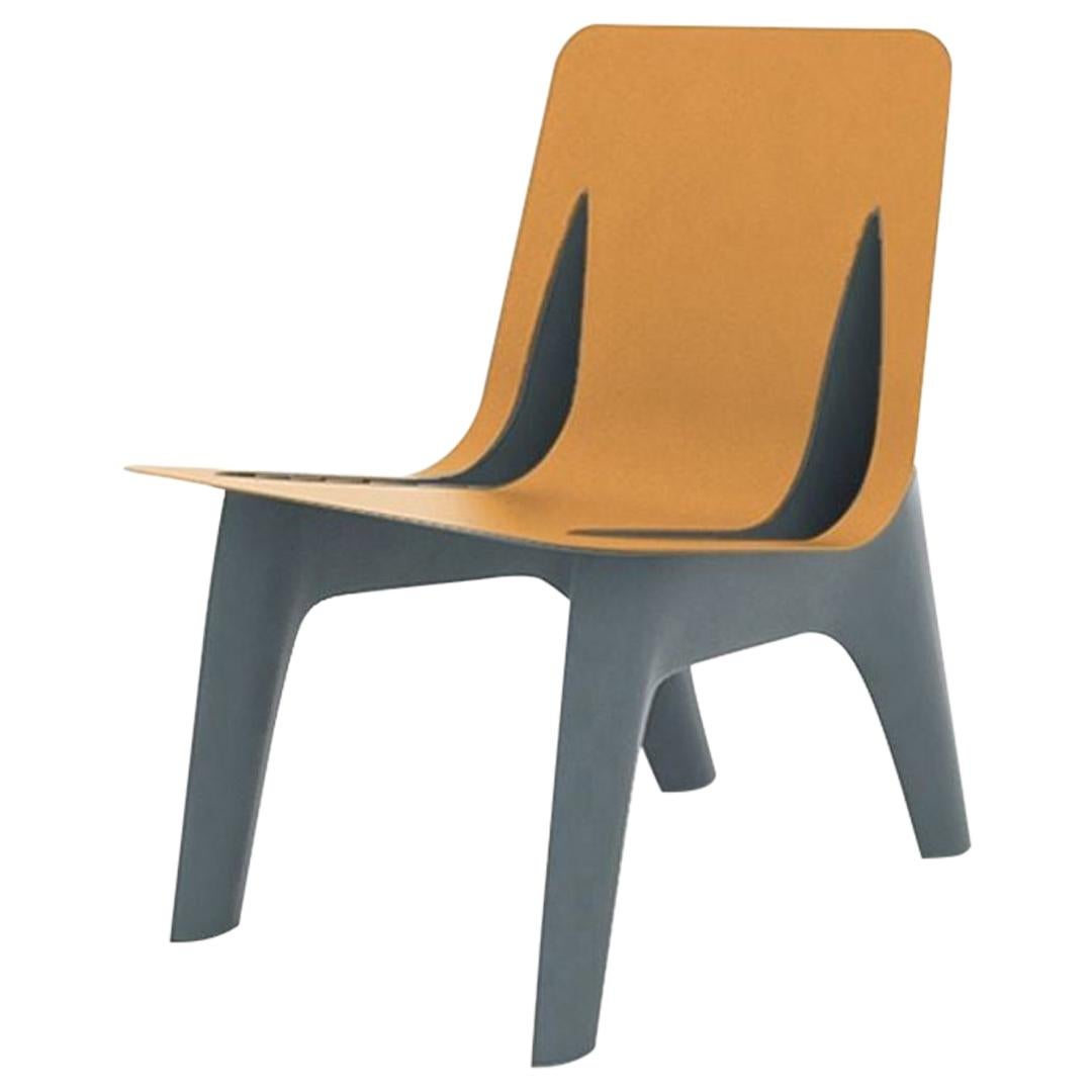 J-Chair Lounge Polished Grey Blue Color Carbon Steel+Leather Seating by Zieta