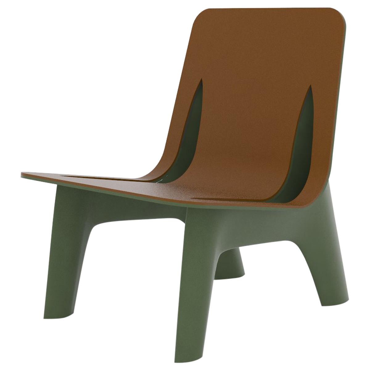 J-Chair Lounge Polished Olive Green Color Carbon Steel+Leather Seating by Zieta
