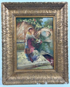 Dipinto a olio impressionista raffigurante una fioraia veneziana (artista di Hanoverton, Ohio)