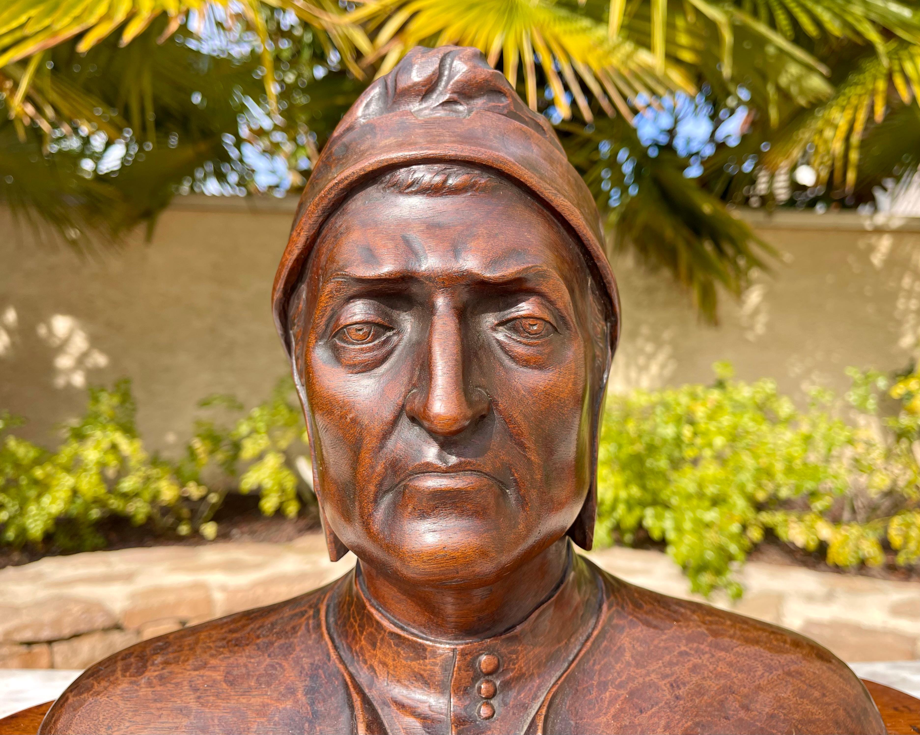 Bust of Dante in carved walnut signed 
