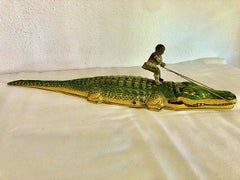 J. Chein & Company 1930s Wind-up Toy of a Boy Riding an Alligator