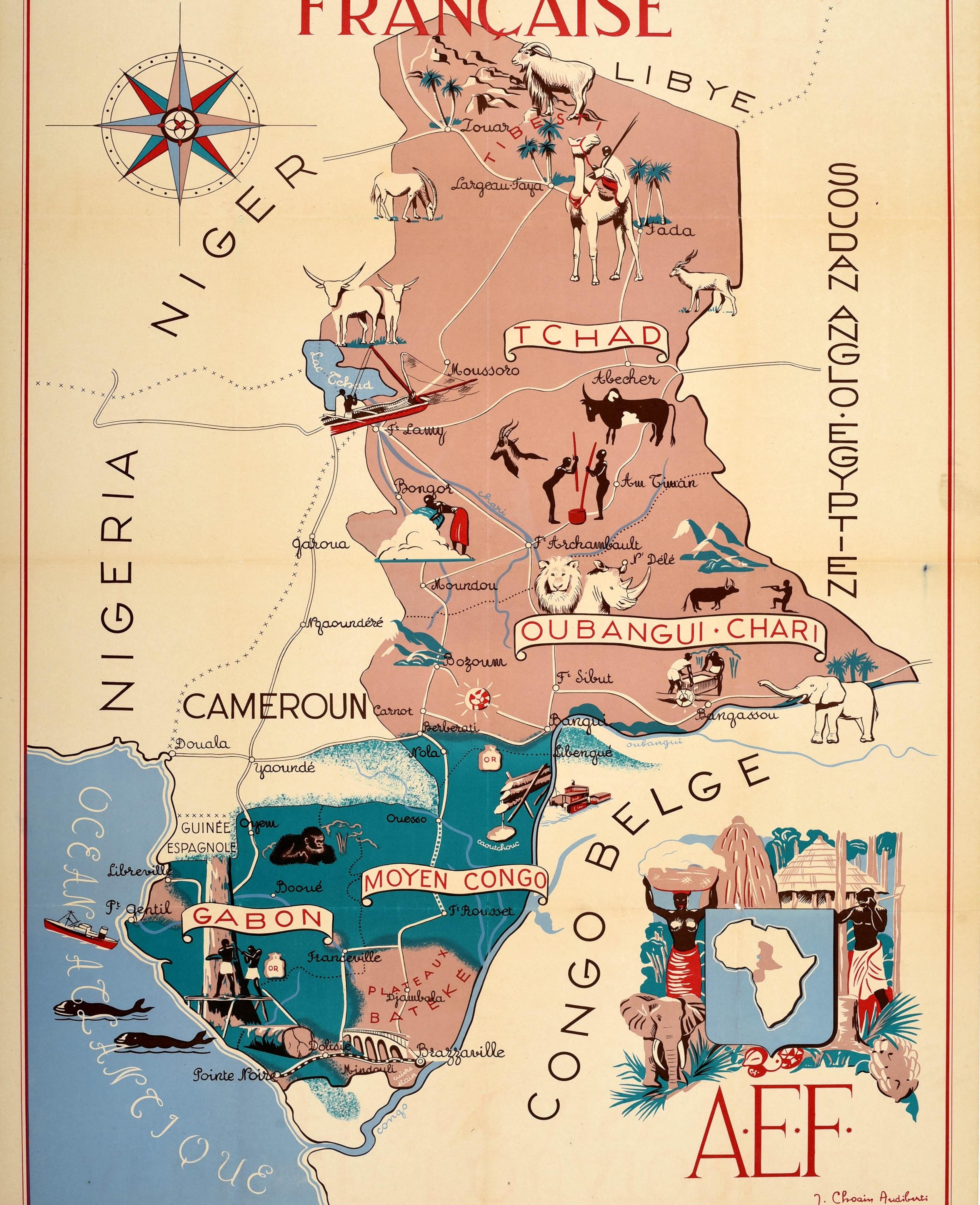 Original Vintage Poster French Equatorial Africa Map Afrique Chad Congo Francais For Sale 1