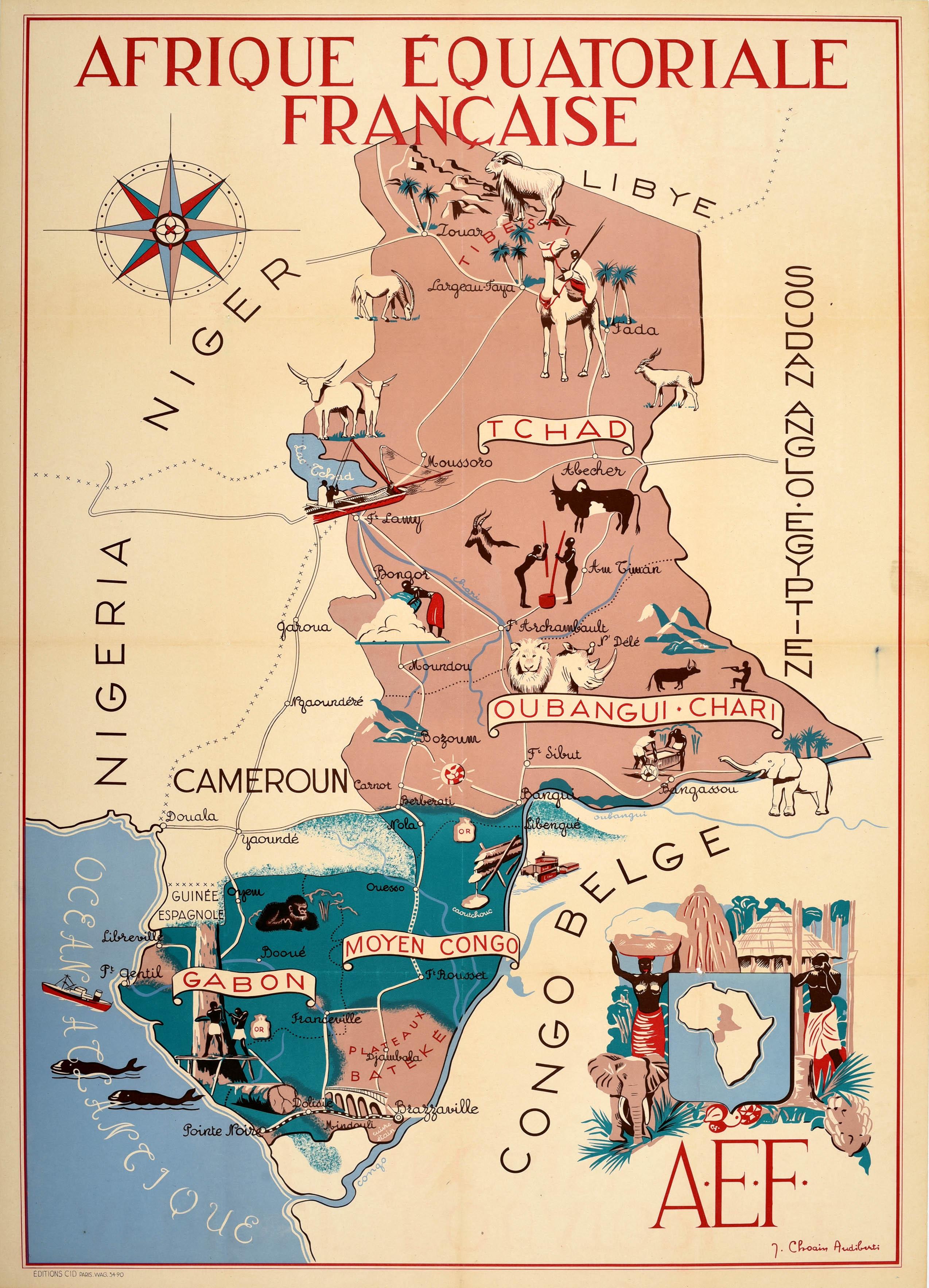 J. Choain Audiberti Print - Original Vintage Poster French Equatorial Africa Map Afrique Chad Congo Francais