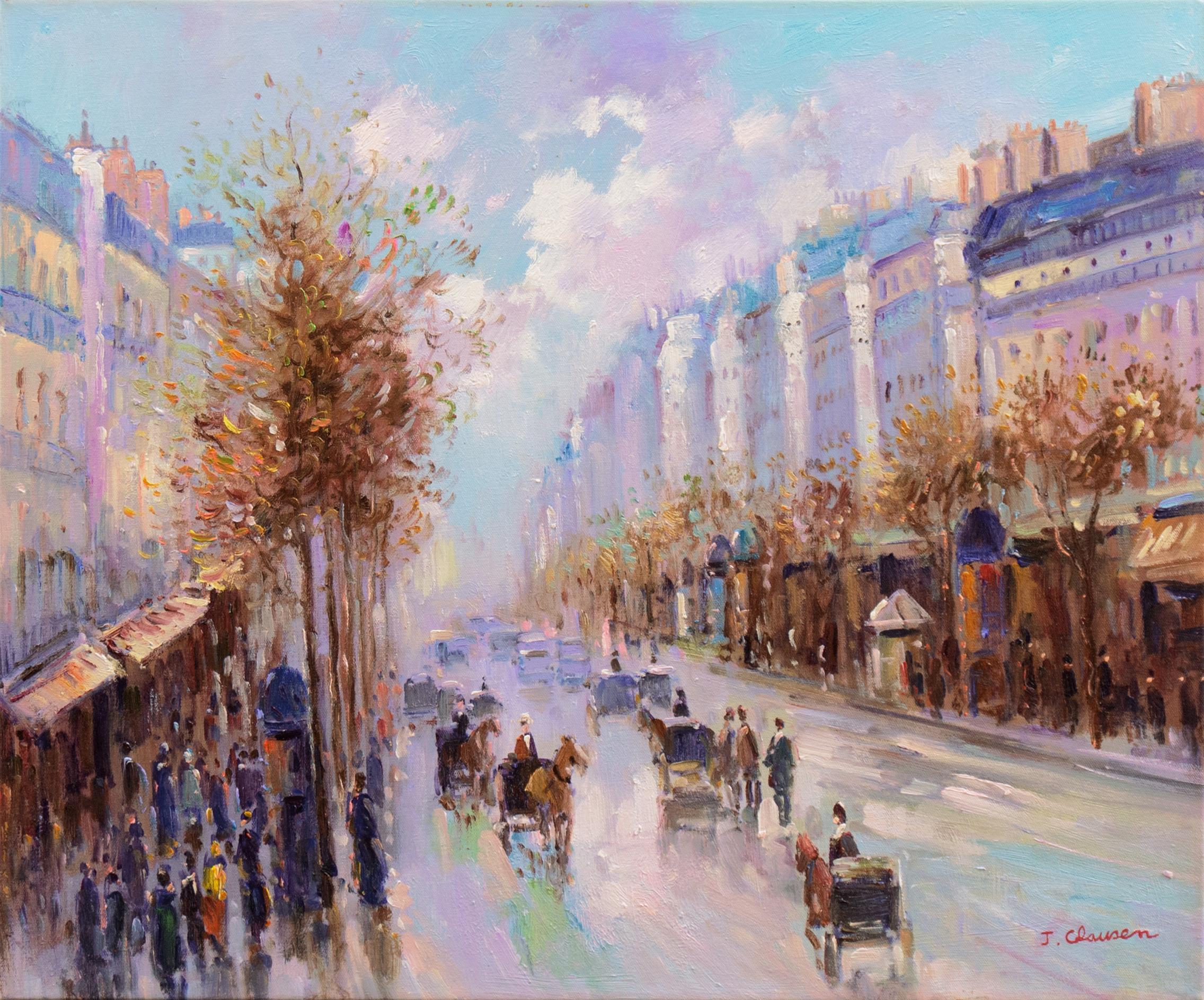 J. Clausen Landscape Painting - 'After the Rain, Paris', French Impressionist Cityscape, Parisian Boulevarde