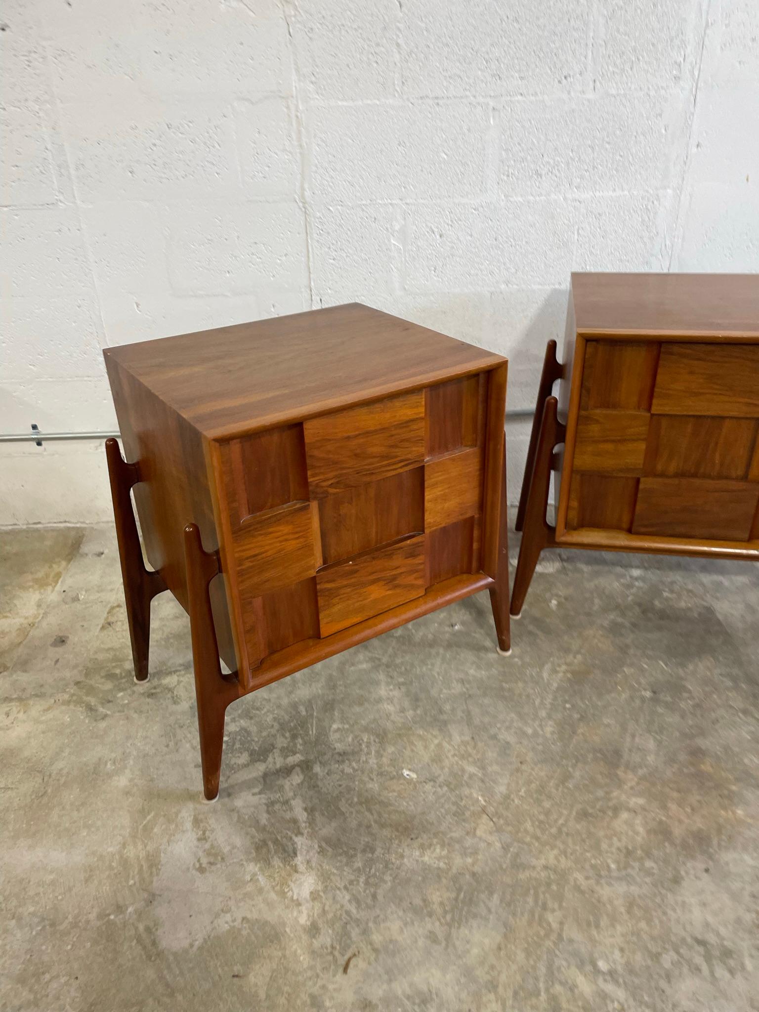J Clausen for Brande Mobelfabrik Danish Mid-Century Modern brutalist nightstands. Stunning sculptural design and construction. Block fronts and angled legs. Drop down door reveals a small drawer.