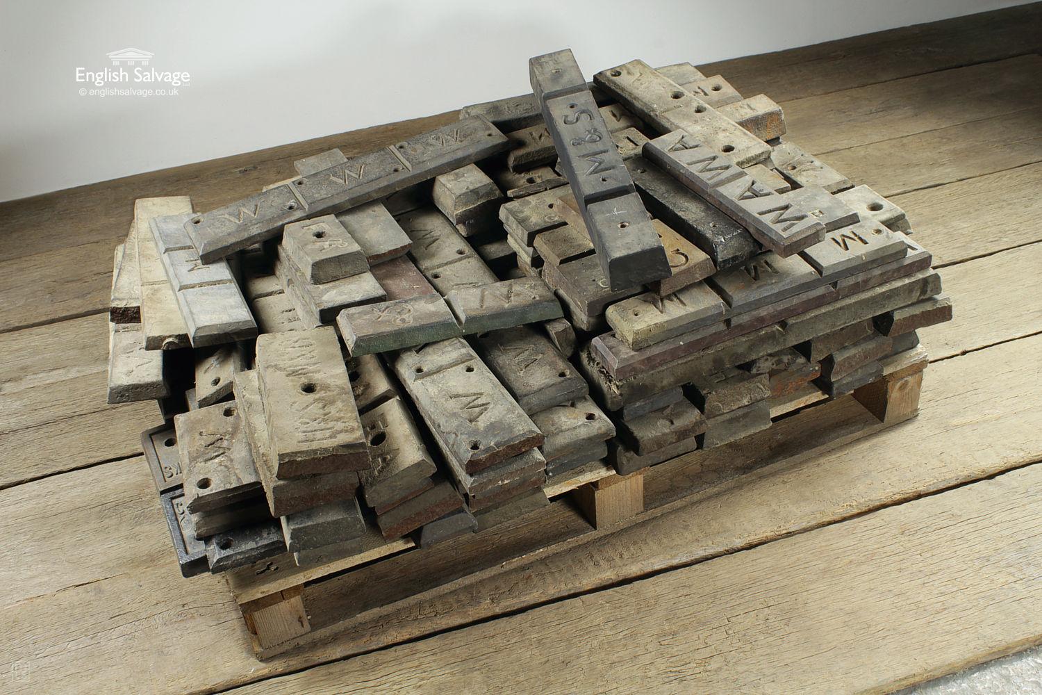 Salvaged organ bellow weights, thought to be made by J Claypole & Son in Peterborough. From the 1860s bellows were slowly replaced by wind turbines, which could mean these weights are of a significant age. Some have fixing holes. Slight wear with