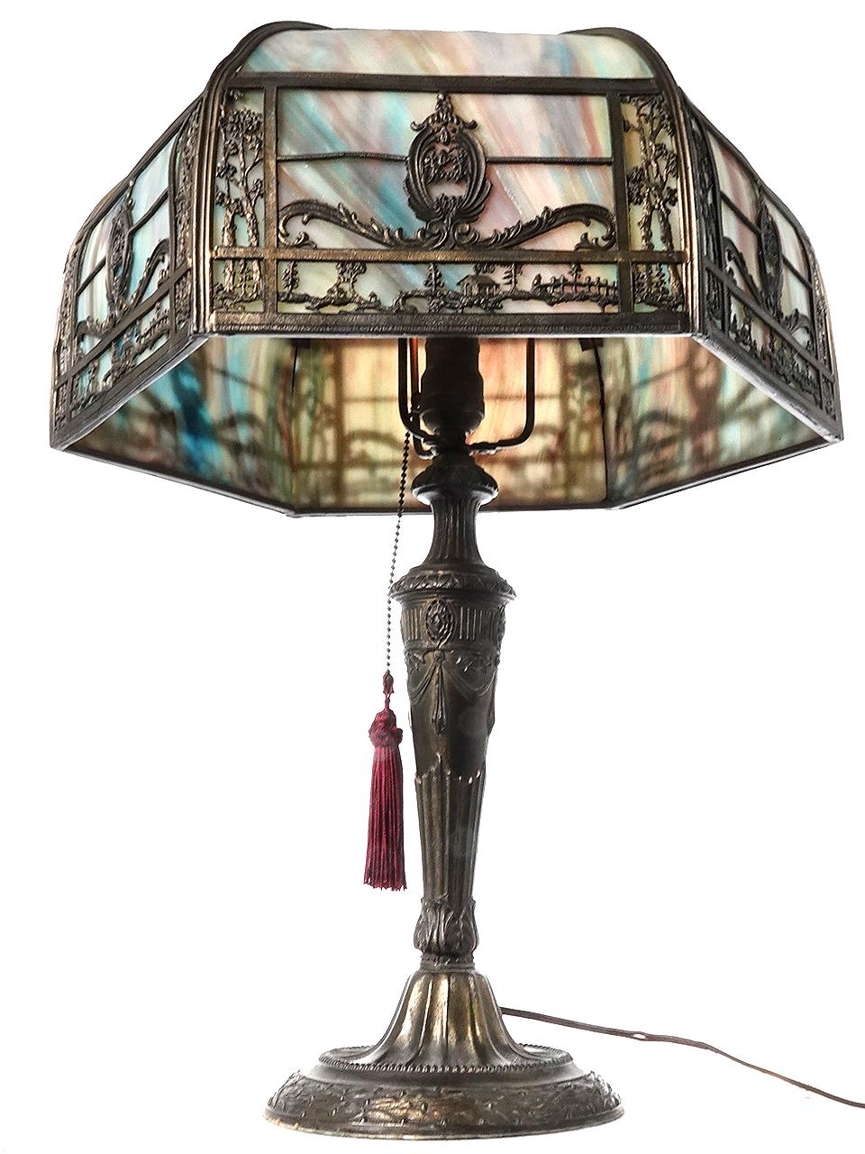 Arts and Crafts Large J Curve Slump Glass Table Lamp with Landscape Filigree Overlay en vente