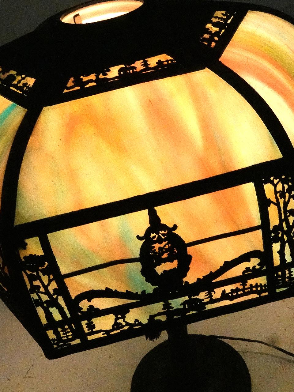 Américain Large J Curve Slump Glass Table Lamp with Landscape Filigree Overlay en vente