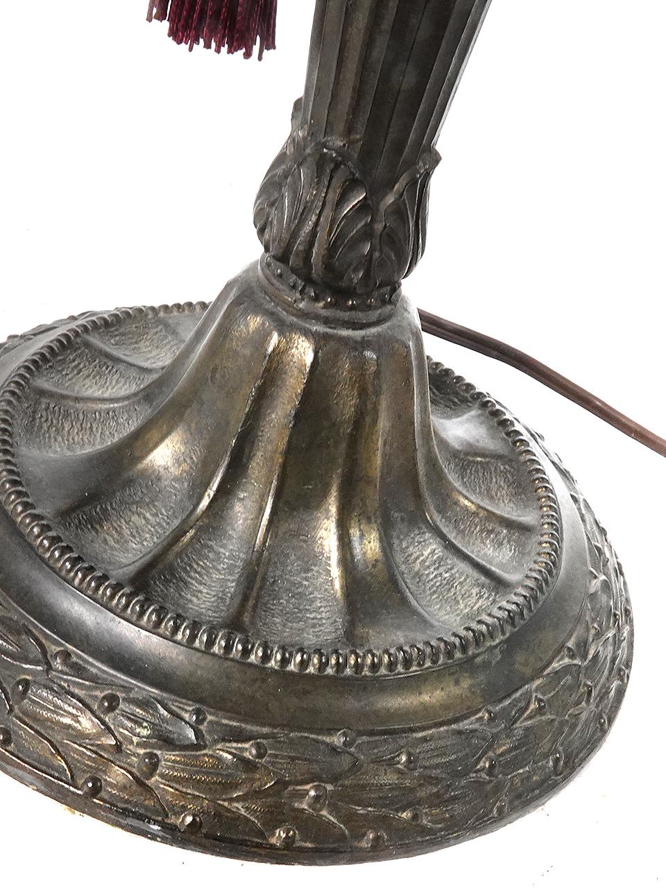 Large J Curve Slump Glass Table Lamp with Landscape Filigree Overlay Bon état - En vente à Peekskill, NY