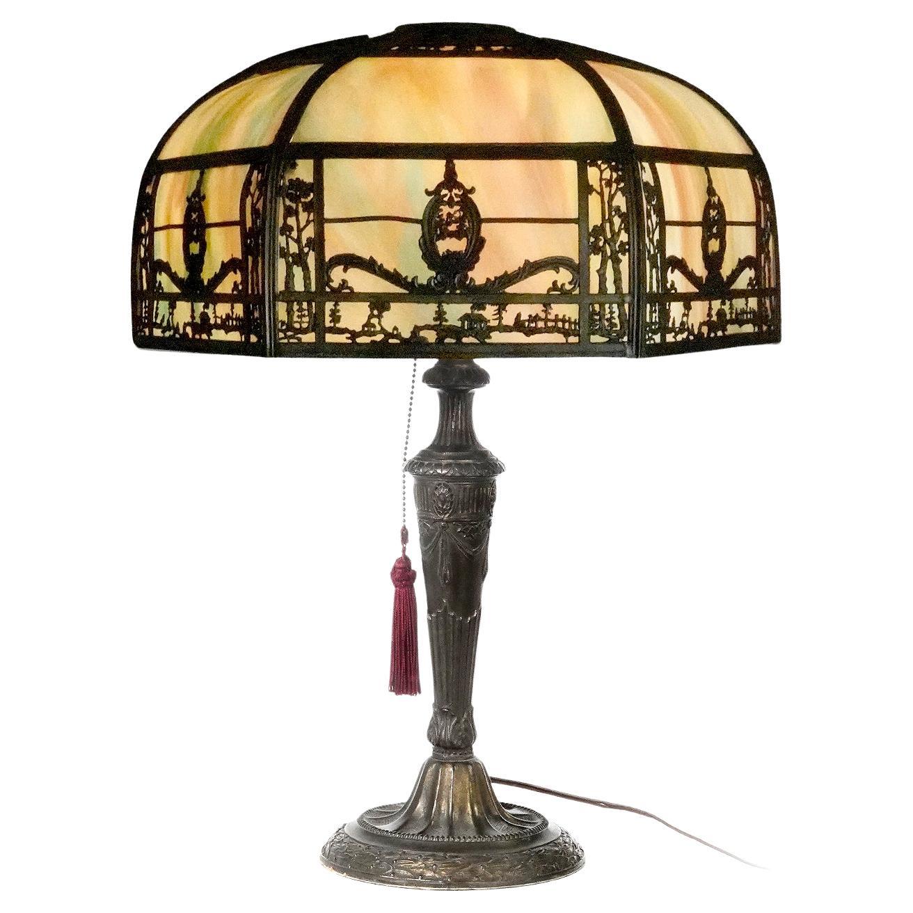 Large J Curve Slump Glass Table Lamp with Landscape Filigree Overlay