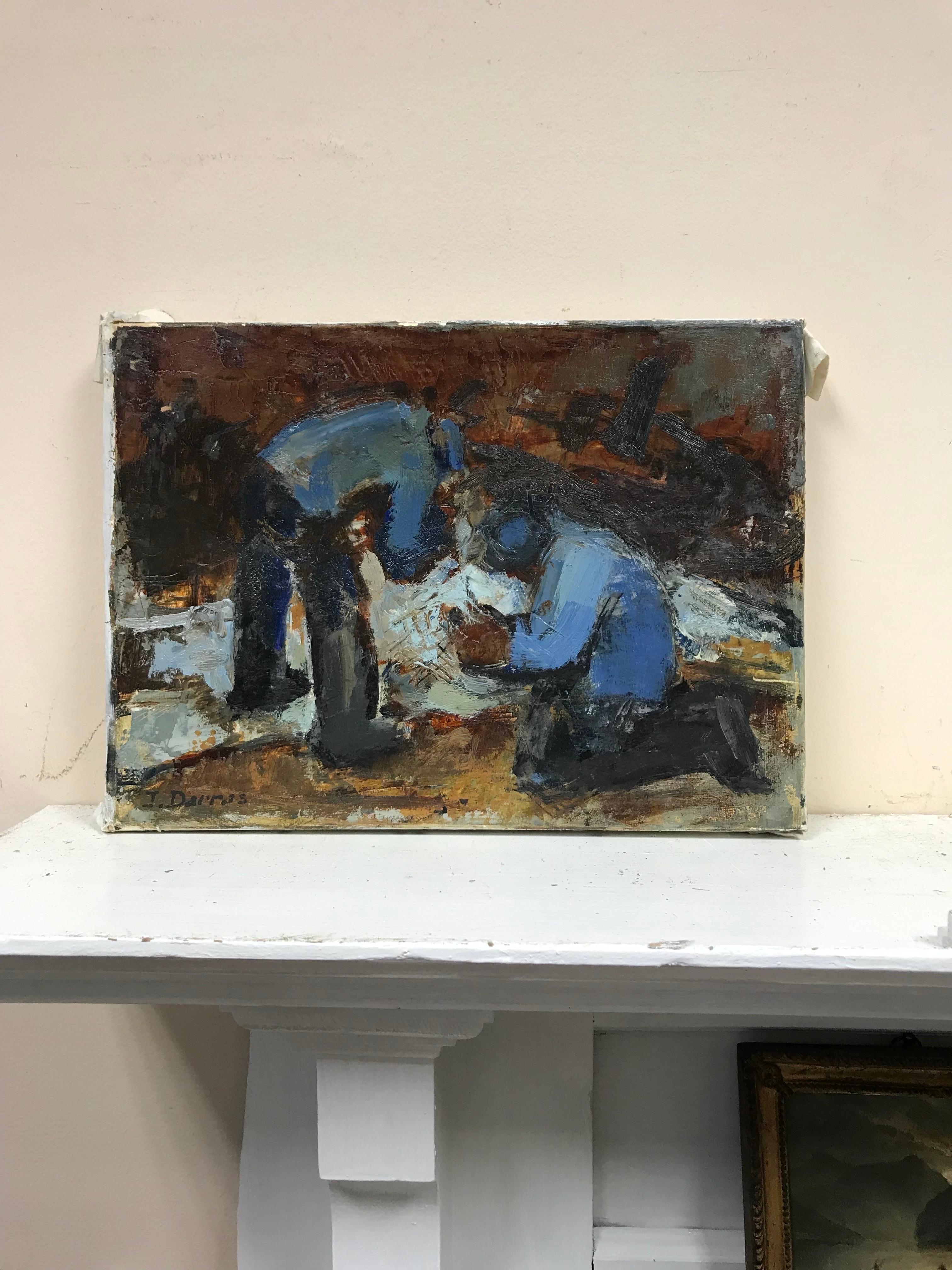 Olio firmato dal modernista francese del XX secolo Uomo in giacca blu al lavoro - Painting di J. Darras
