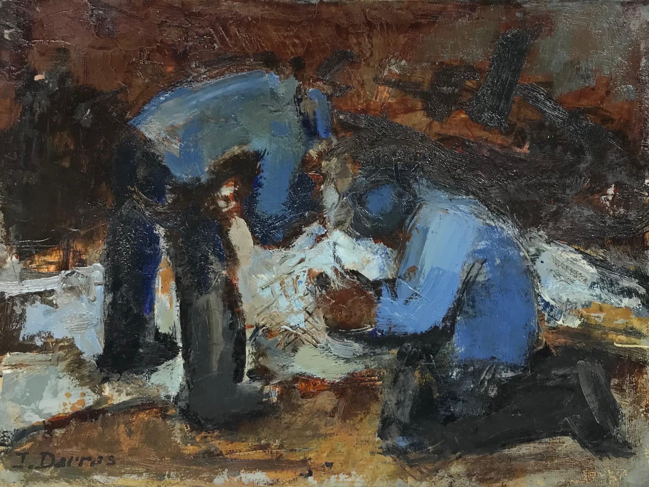 Olio firmato dal modernista francese del XX secolo Uomo in giacca blu al lavoro - Painting Postimpressionismo di J. Darras
