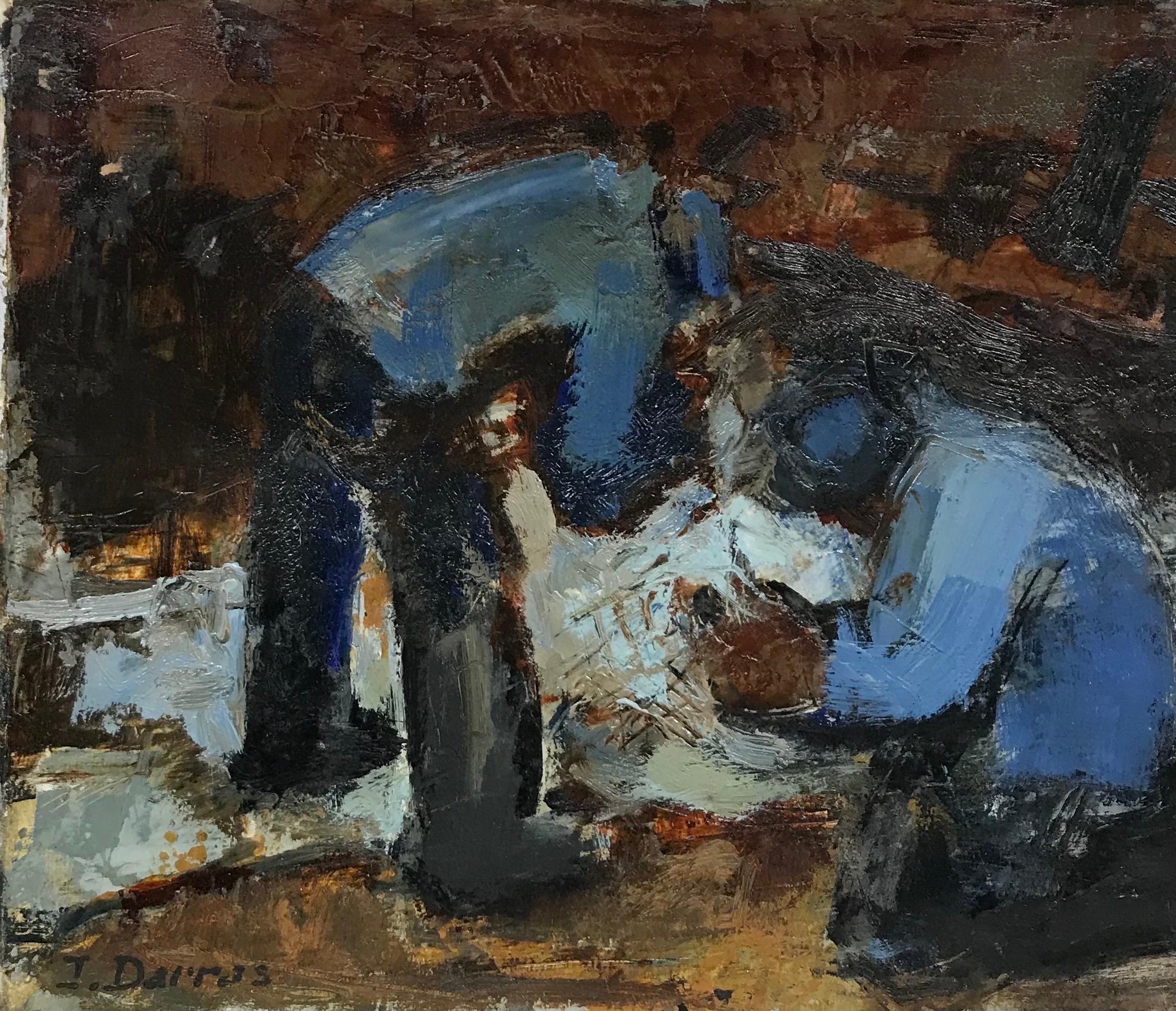 Olio firmato dal modernista francese del XX secolo Uomo in giacca blu al lavoro - Figurative Painting Nero di J. Darras