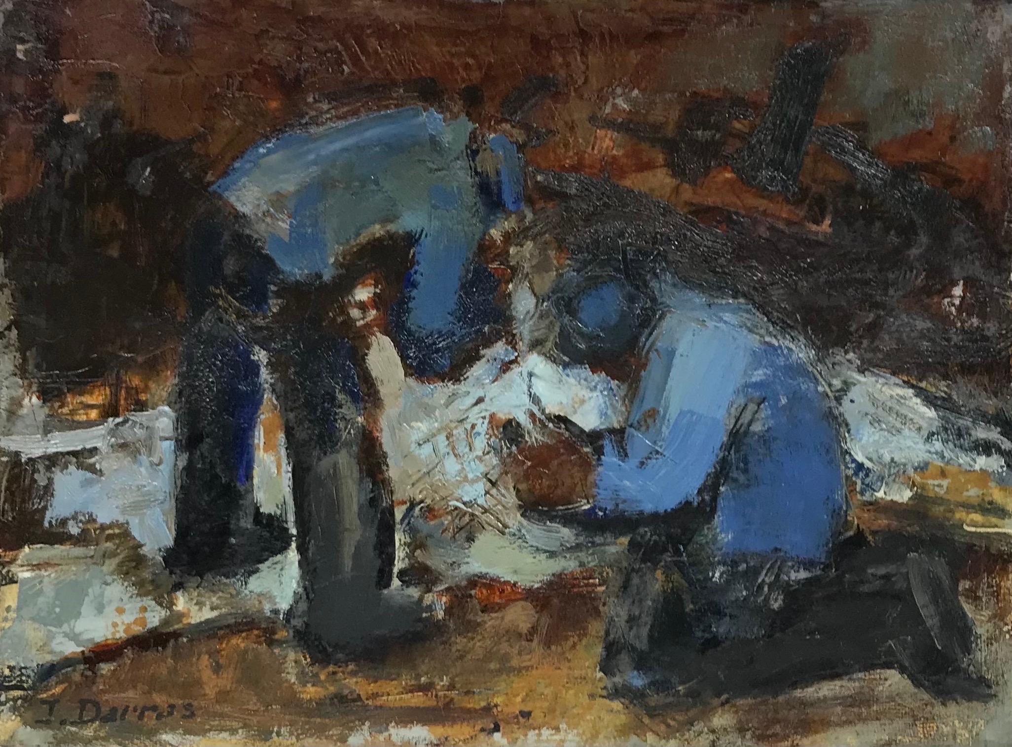 Figurative Painting di J. Darras - Olio firmato dal modernista francese del XX secolo Uomo in giacca blu al lavoro