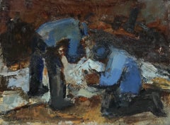 French 20th Century Modernist Signed Oil Men in Blue Jackets Working