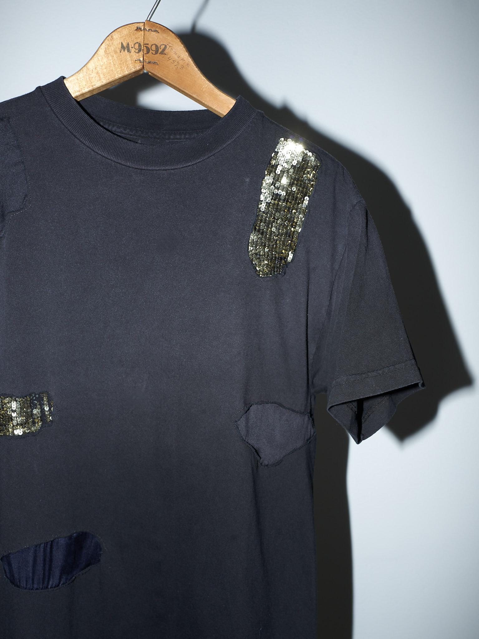 J Dauphin Black T-Shirt Embellished  Patch Work Sequin Silk Body Cotton  7