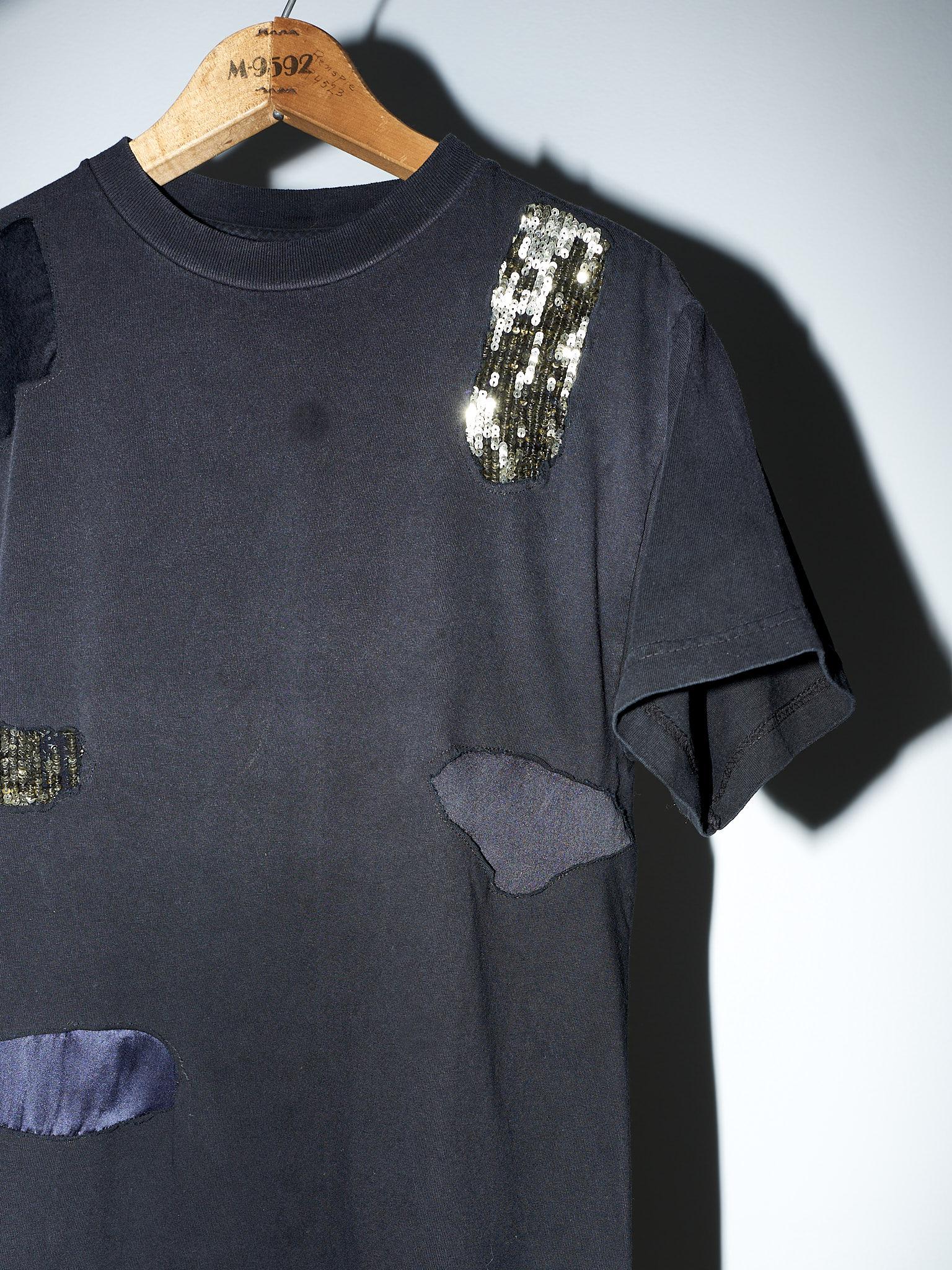 J Dauphin Black T-Shirt Embellished  Patch Work Sequin Silk Body Cotton  10