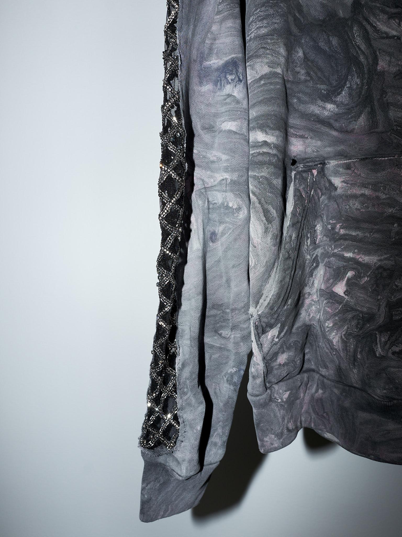 Women's or Men's Hoodie Gray Marble Dye Organic Cotton Embellished Sleeve J Dauphin