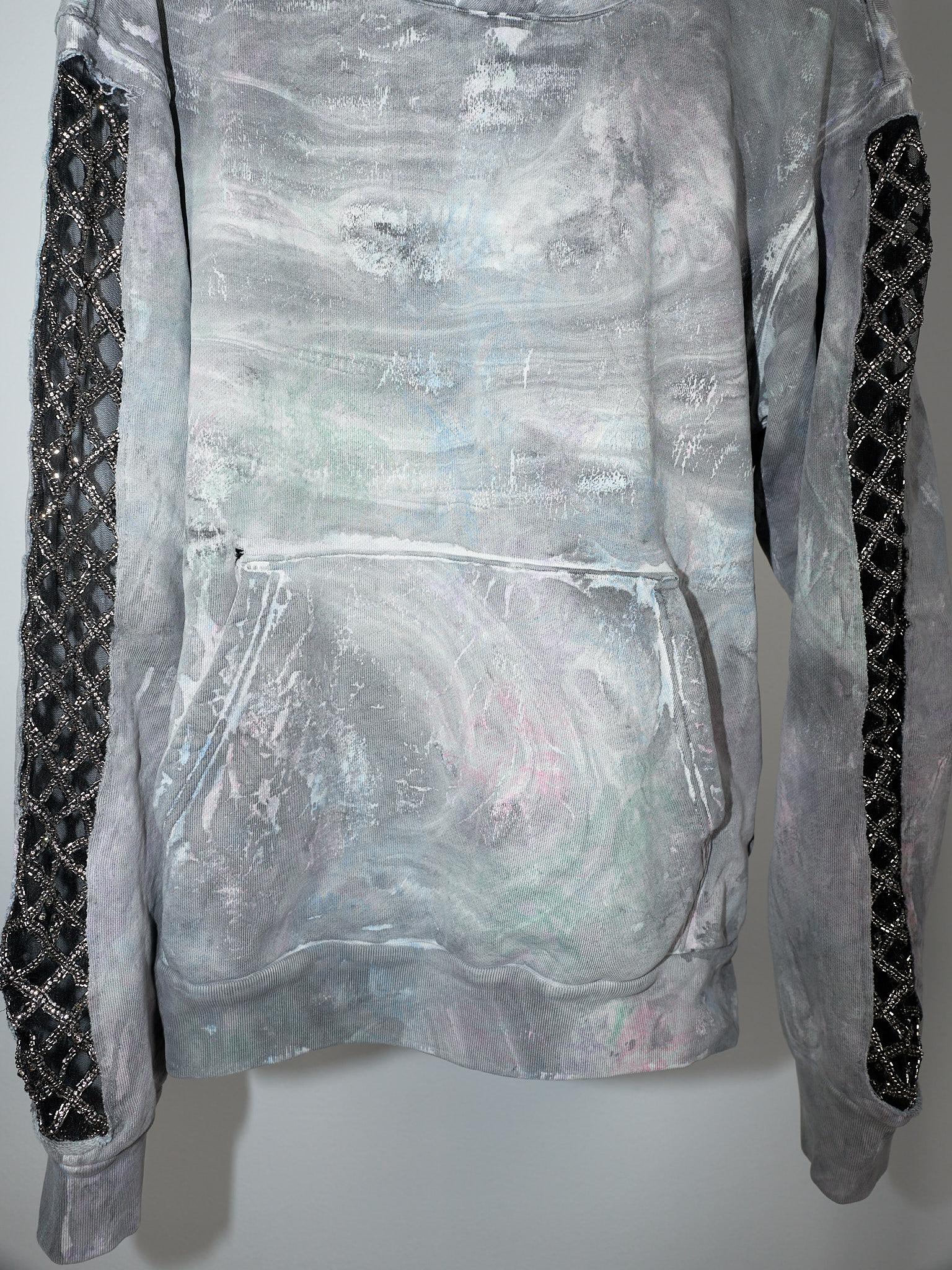 Hoodie Gray Pastel Marble Dye Organic Cotton Chrystal Embellishment J Dauphin In New Condition In Los Angeles, CA