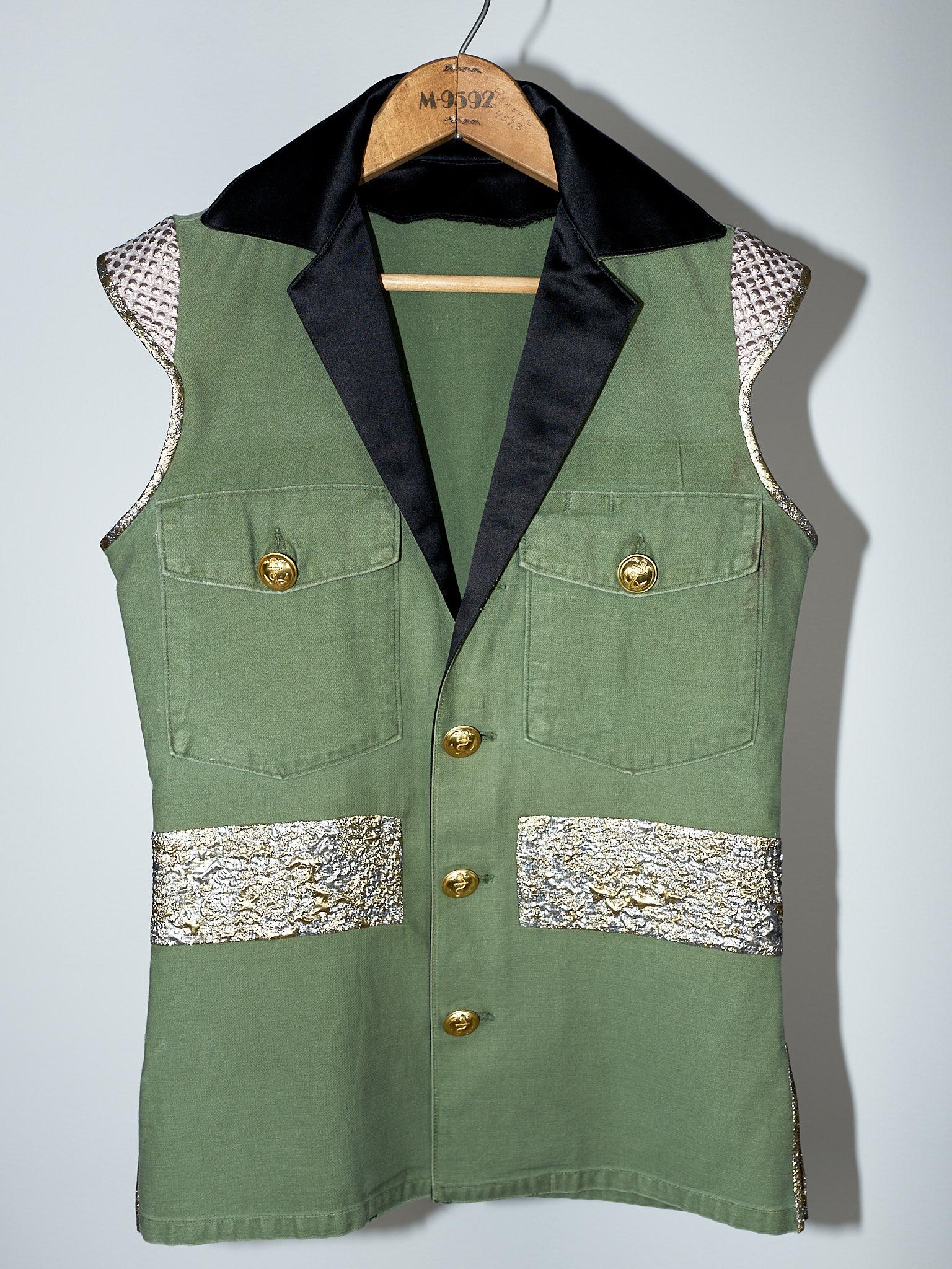 Sleeveless Vest Green Jacket  Military Brocade Buttons J Dauphin  In New Condition In Los Angeles, CA