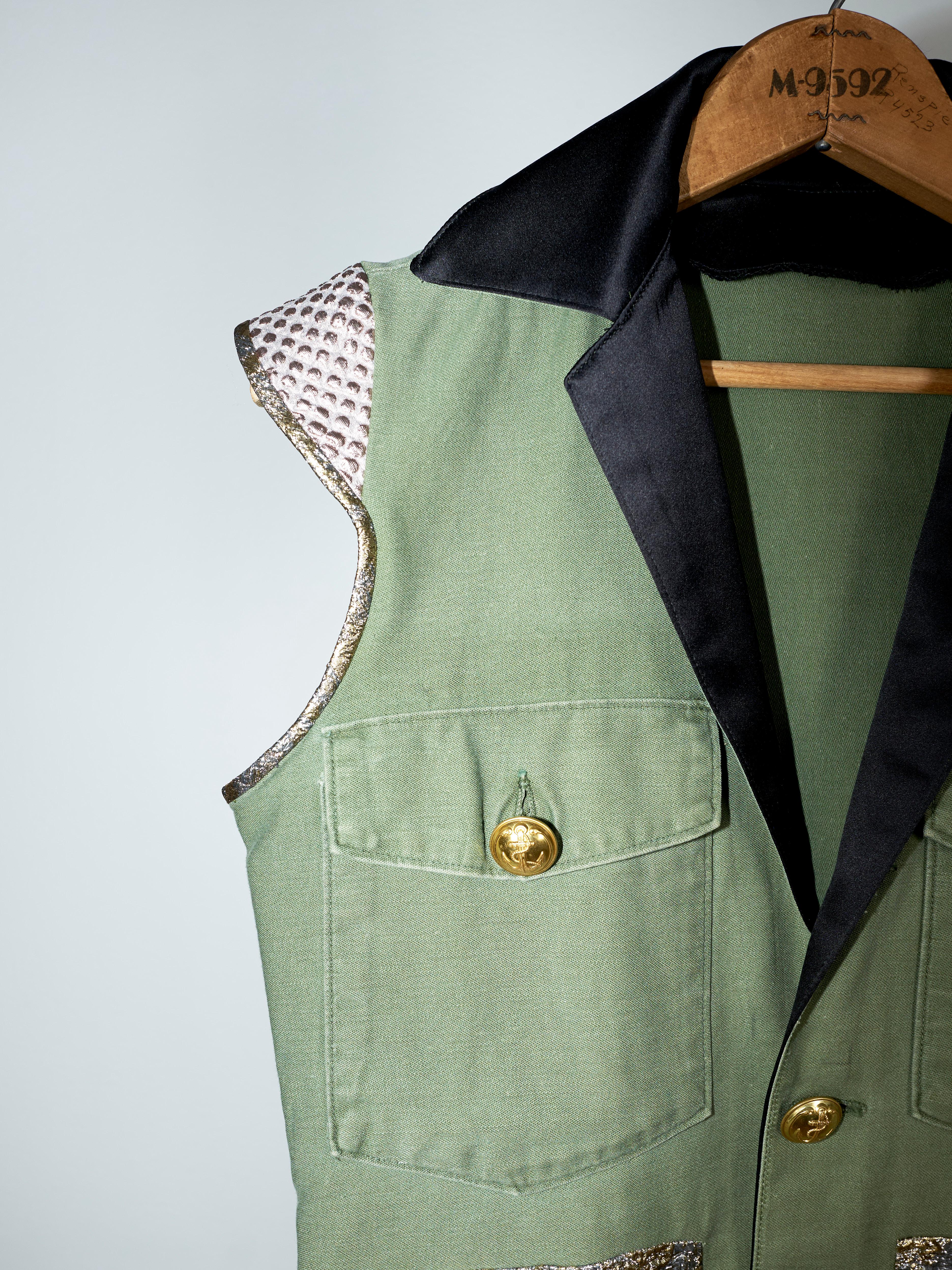 Women's Sleeveless Vest Green Jacket  Military Brocade Buttons J Dauphin 