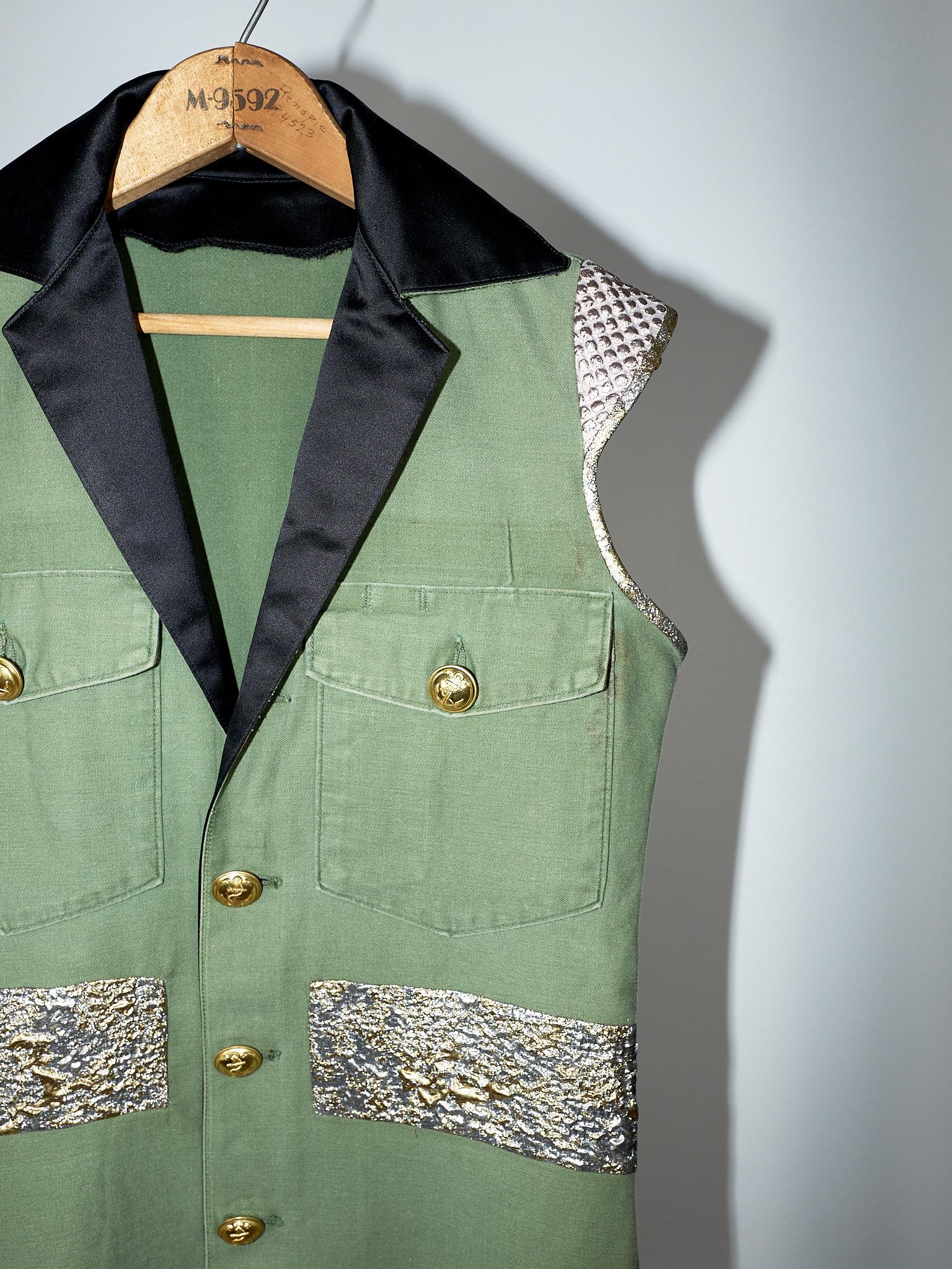 Sleeveless Vest Green Jacket  Military Brocade Buttons J Dauphin  1
