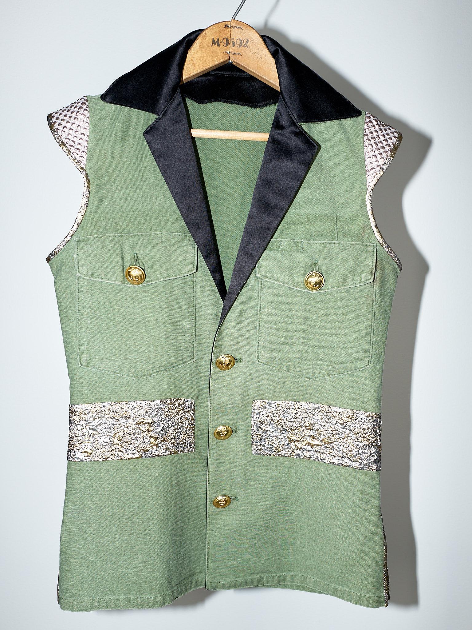 Sleeveless Vest Green Jacket  Military Brocade Buttons J Dauphin  2