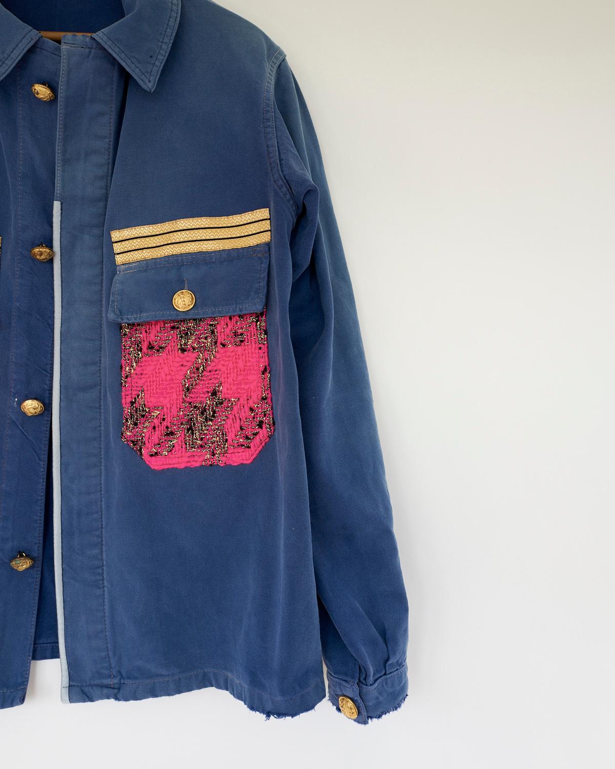 French Work Jacket Blue Upcycled Gold Bottons Neon Pink Tweed J Dauphin

Our Up-cycled Vintage Jackets are made from vintage, natural fibers, military clothing and french workwear from the period 1940-1970. The trims we use comes from the finest