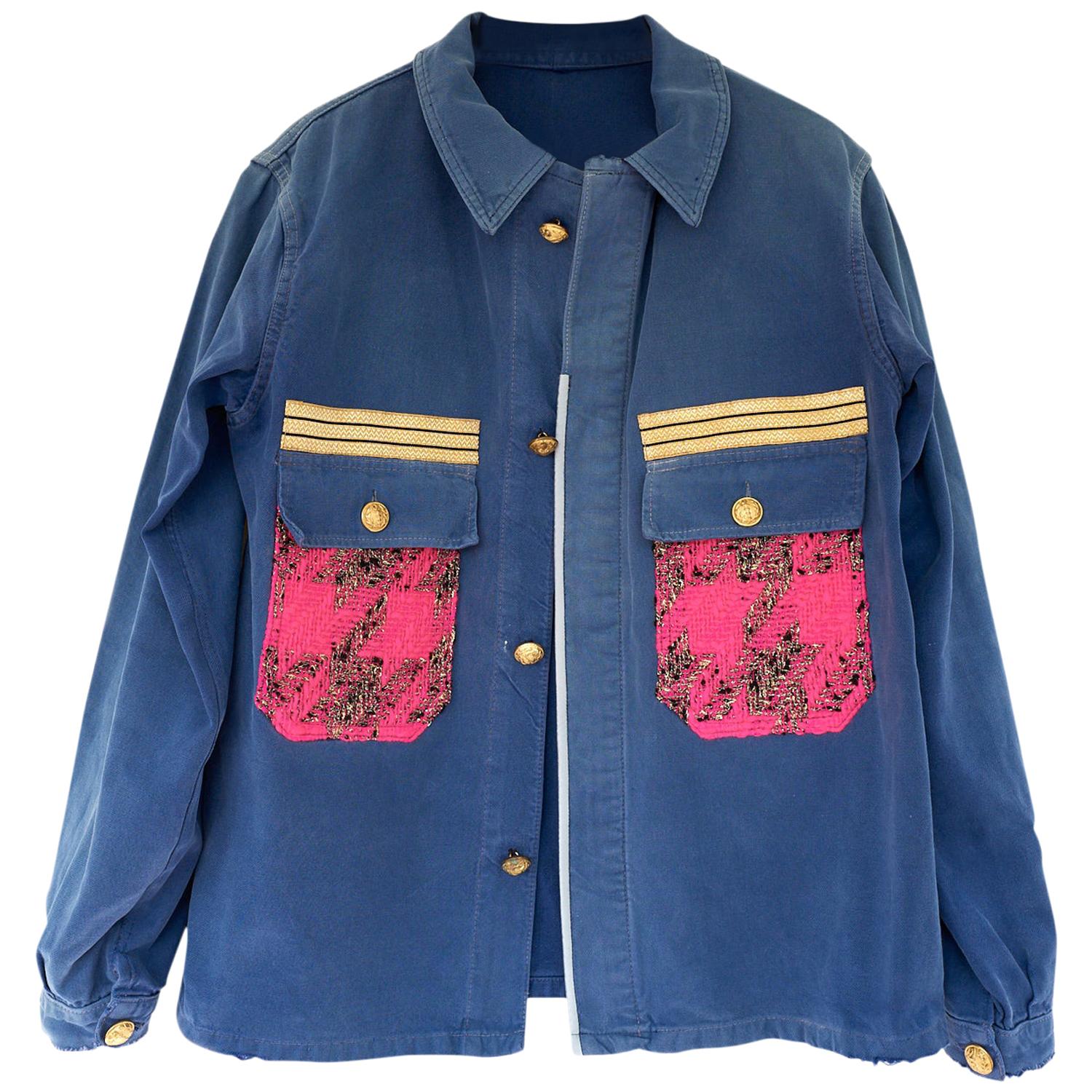 French Work Jacket Blue Upcycled Gold Bottons Neon Pink Tweed J Dauphin