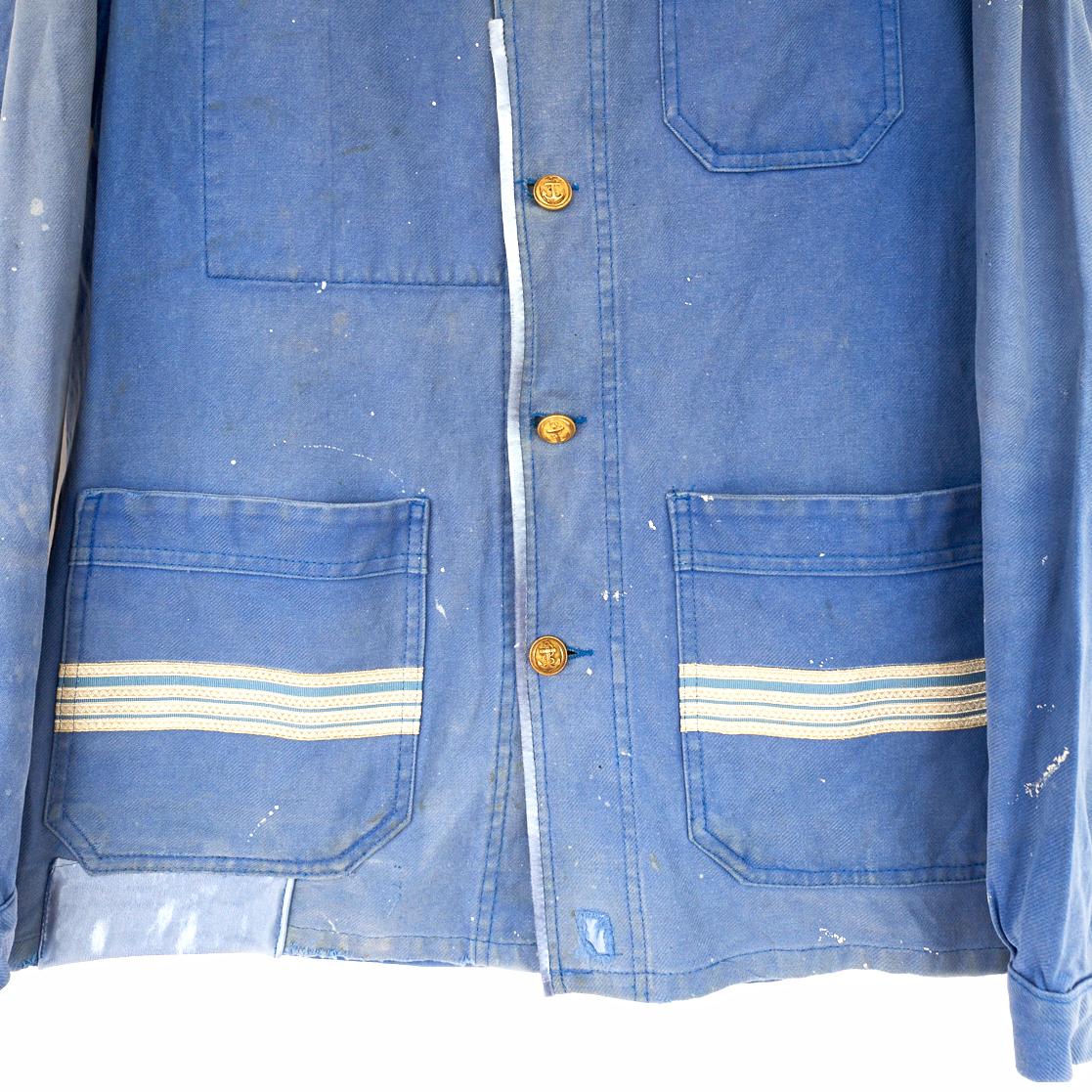 Embellished Distressed Blue Jacket Gold Buttons Military Silver Braid J Dauphin In New Condition In Los Angeles, CA